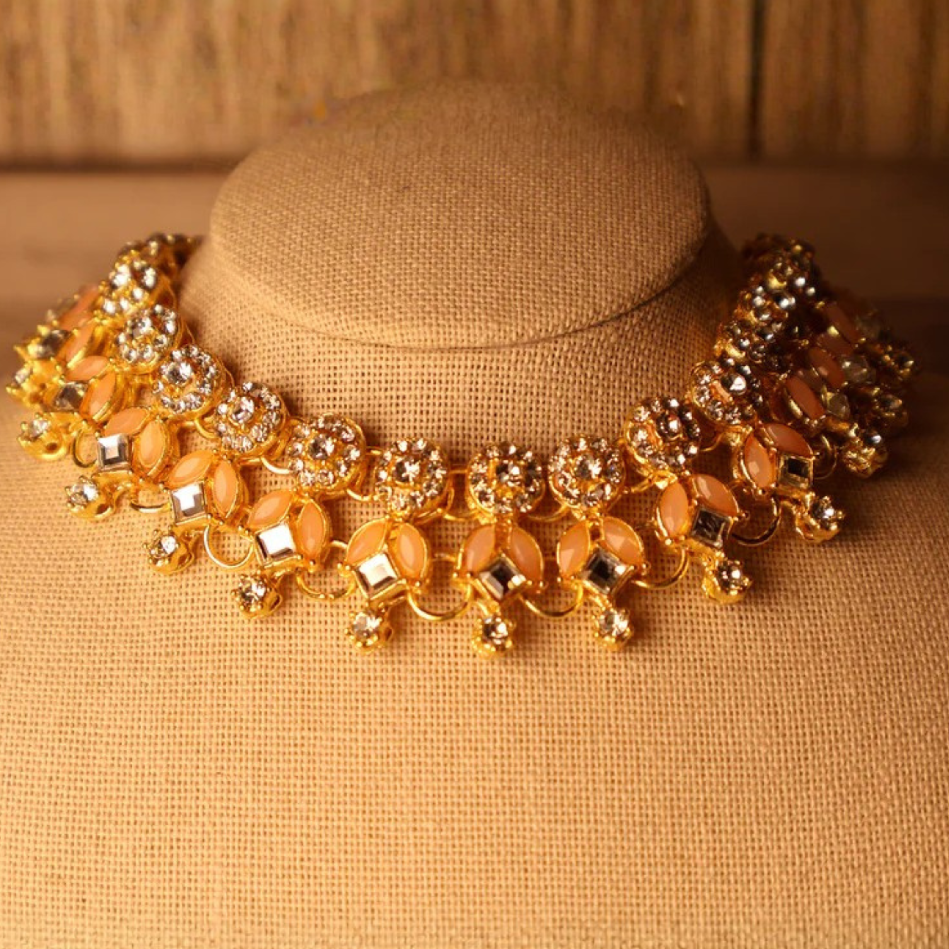 SEHER soft peach and gold kundan-style necklace set with tikka and earrings