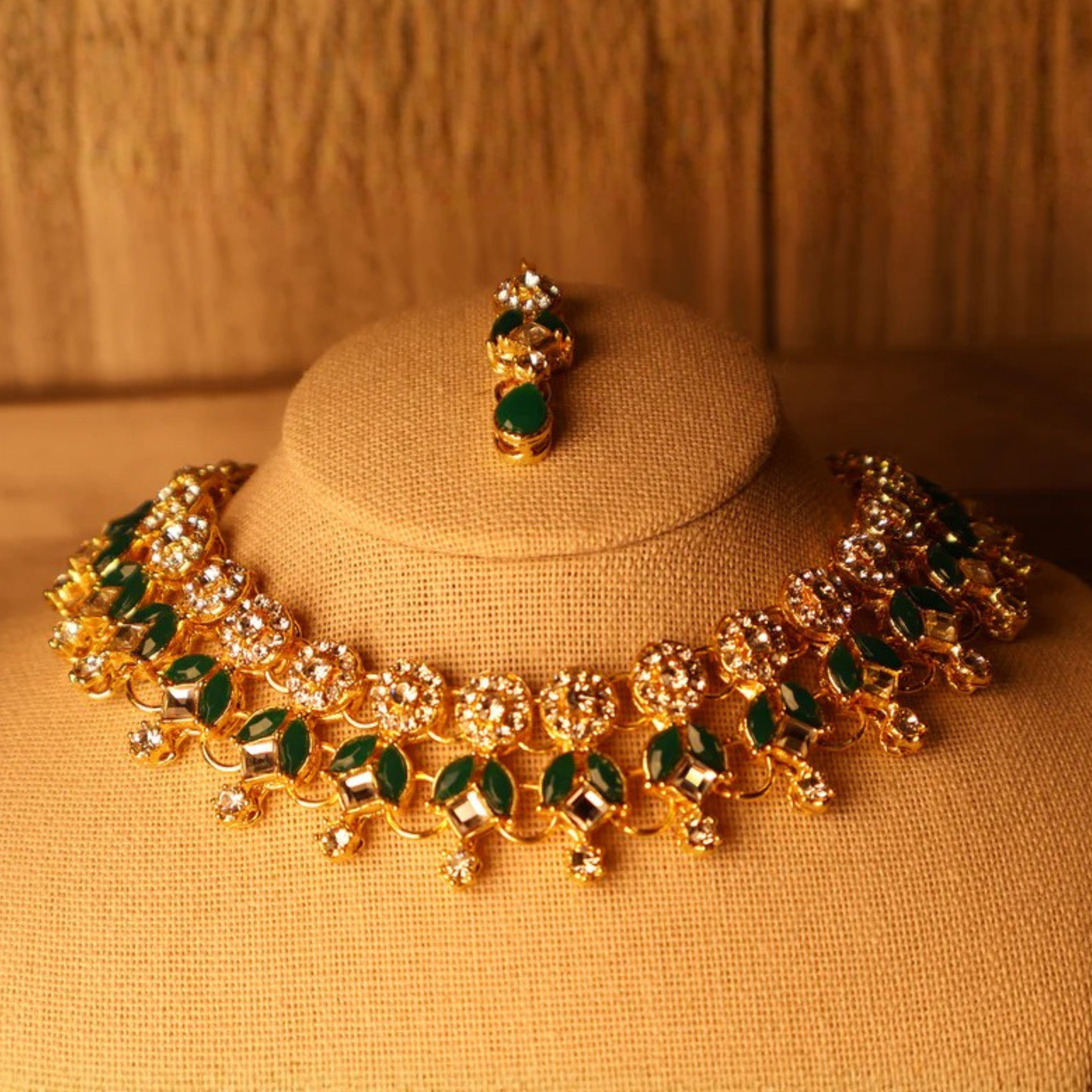 ZAMURRAD emerald green and gold kundan-style necklace set with tikka and earrings
