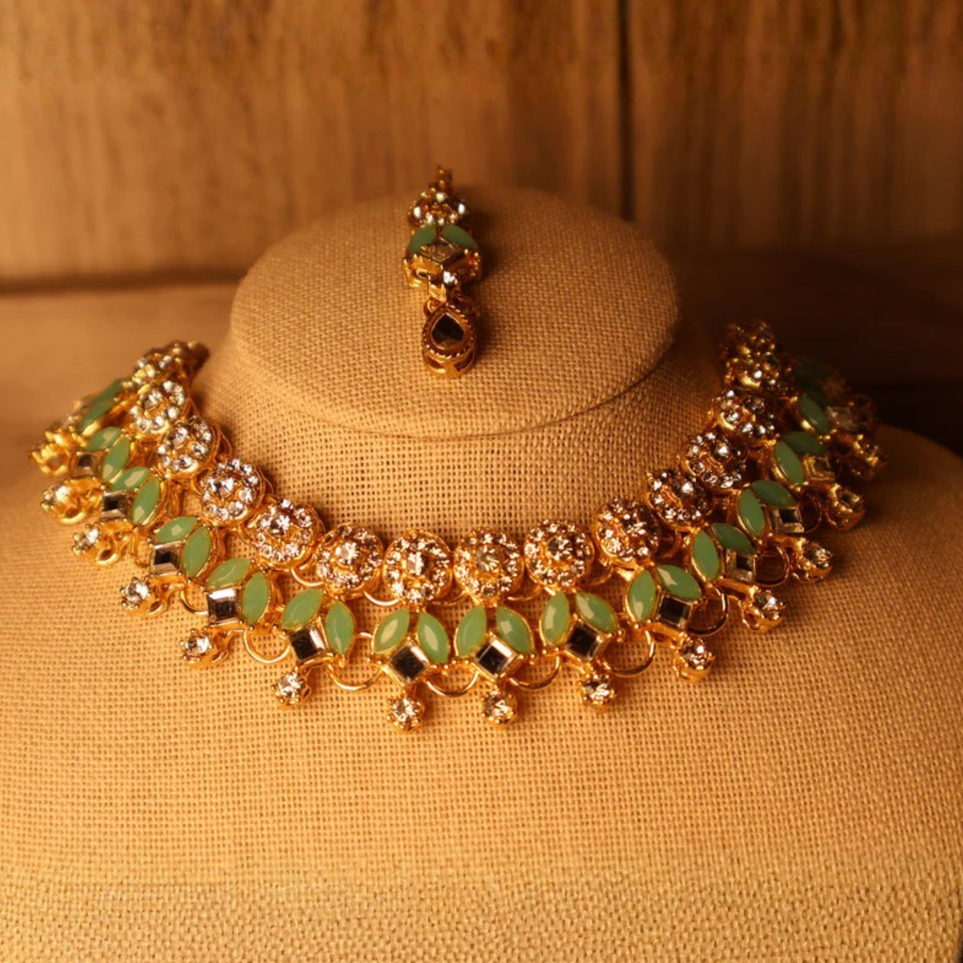 SABA mint green and gold kundan-style necklace set with tikka and earrings