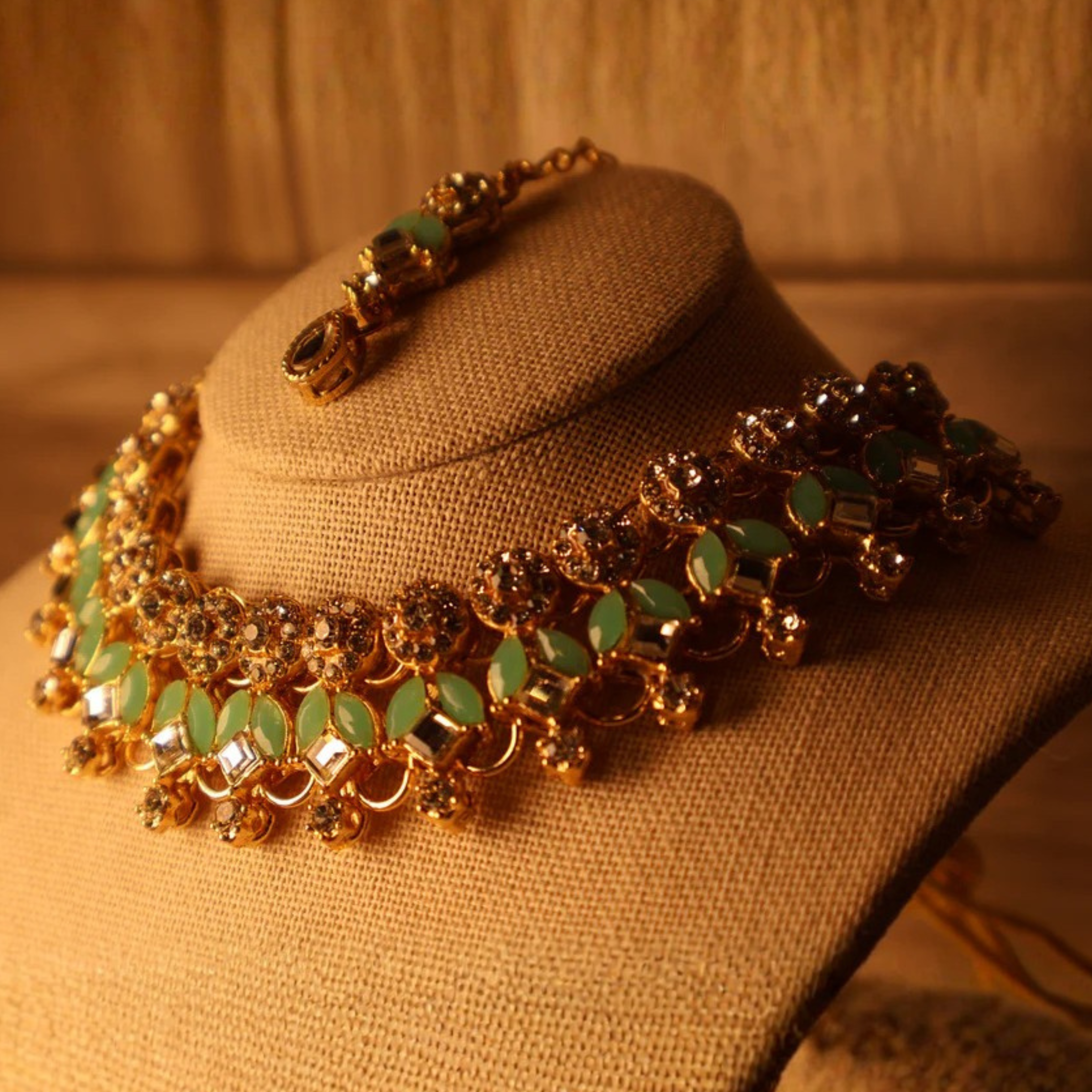 SABA mint green and gold kundan-style necklace set with tikka and earrings