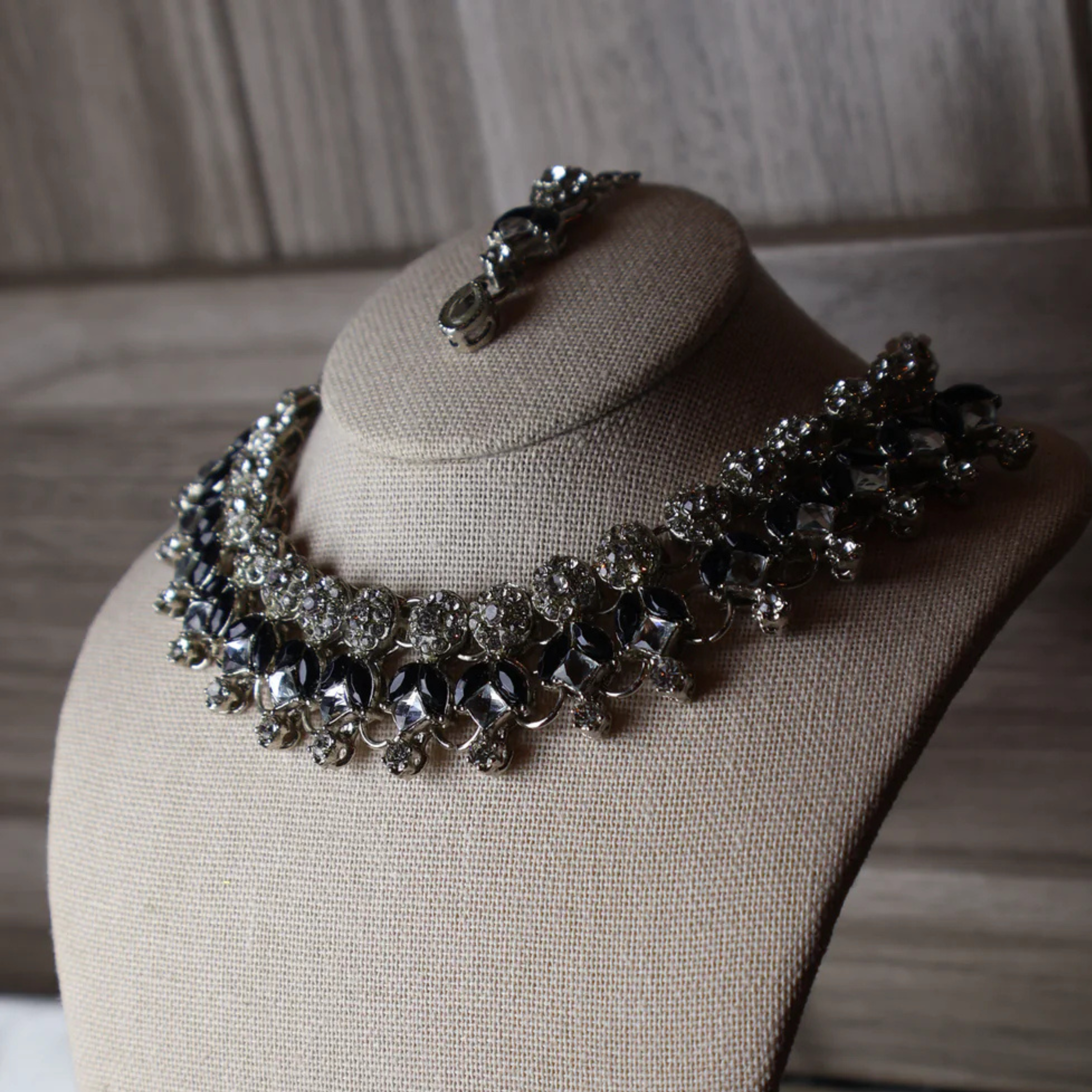 LAILA black and silver-tone kundan-style necklace set with tikka and earrings