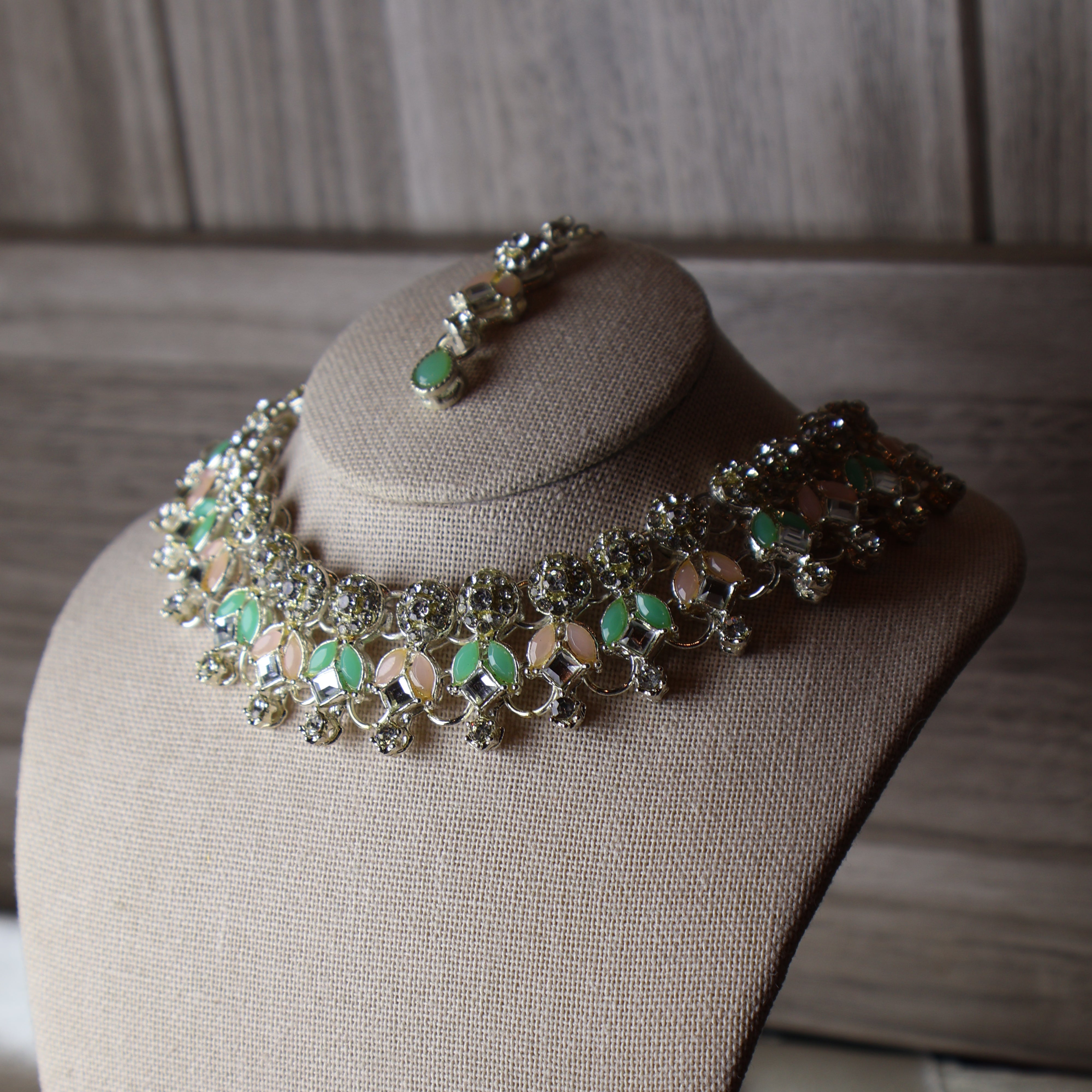 MOTI silver-tone pearl, blush and mint kundan-style drop set with tikka and earrings