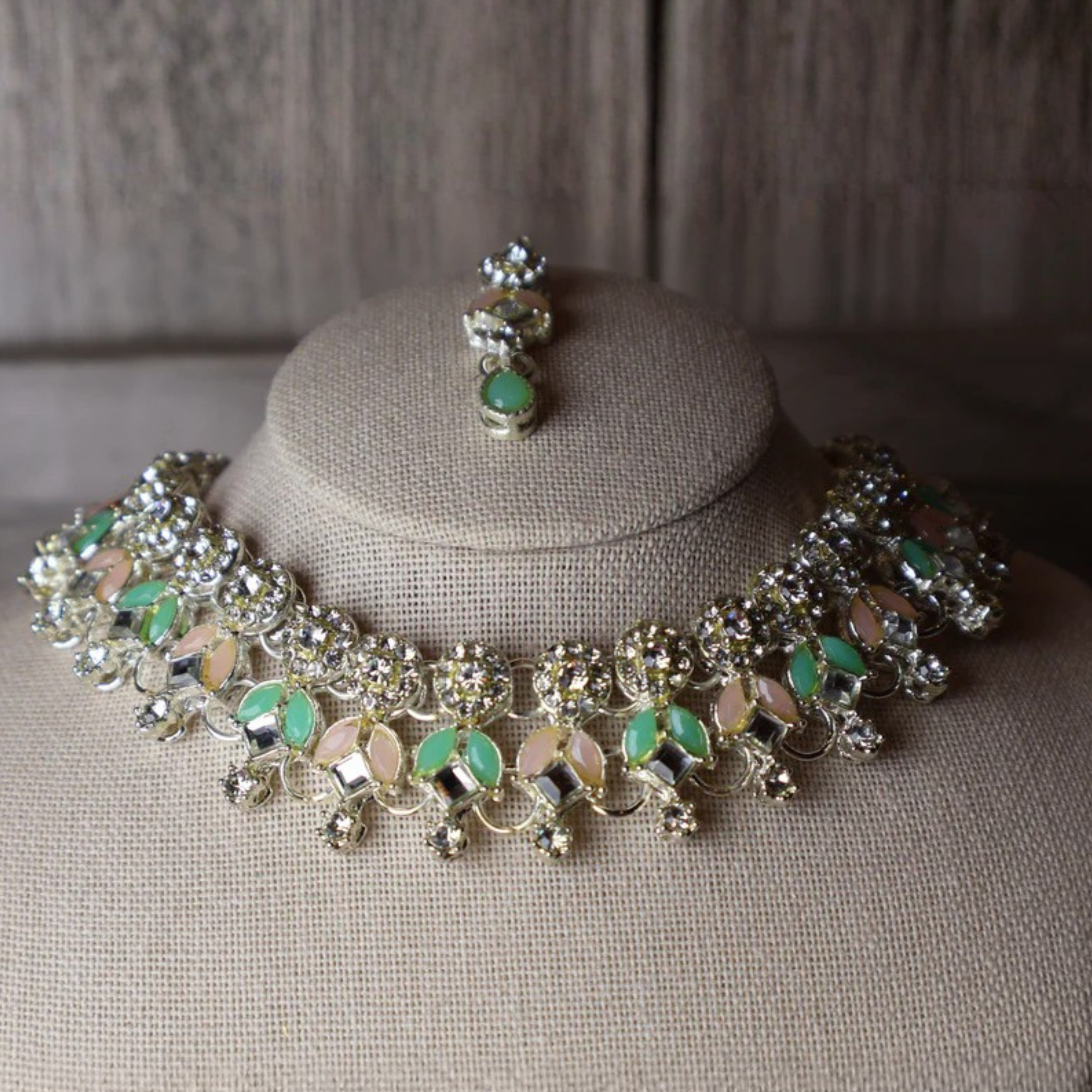 MOTI silver-tone pearl, blush and mint kundan-style drop set with tikka and earrings