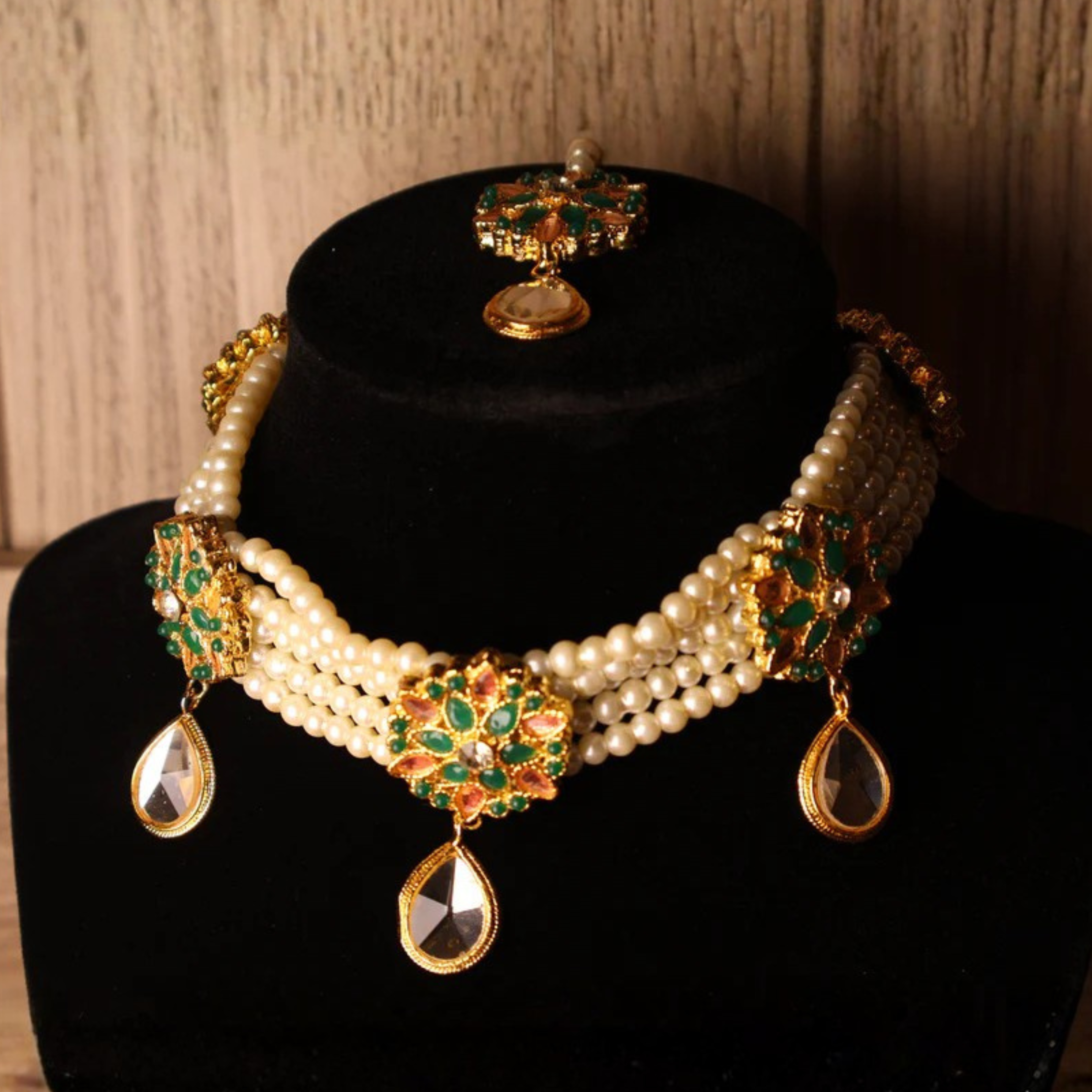 MEENA multicolour pearl and gold kundan-style choker set with tikka and earrings