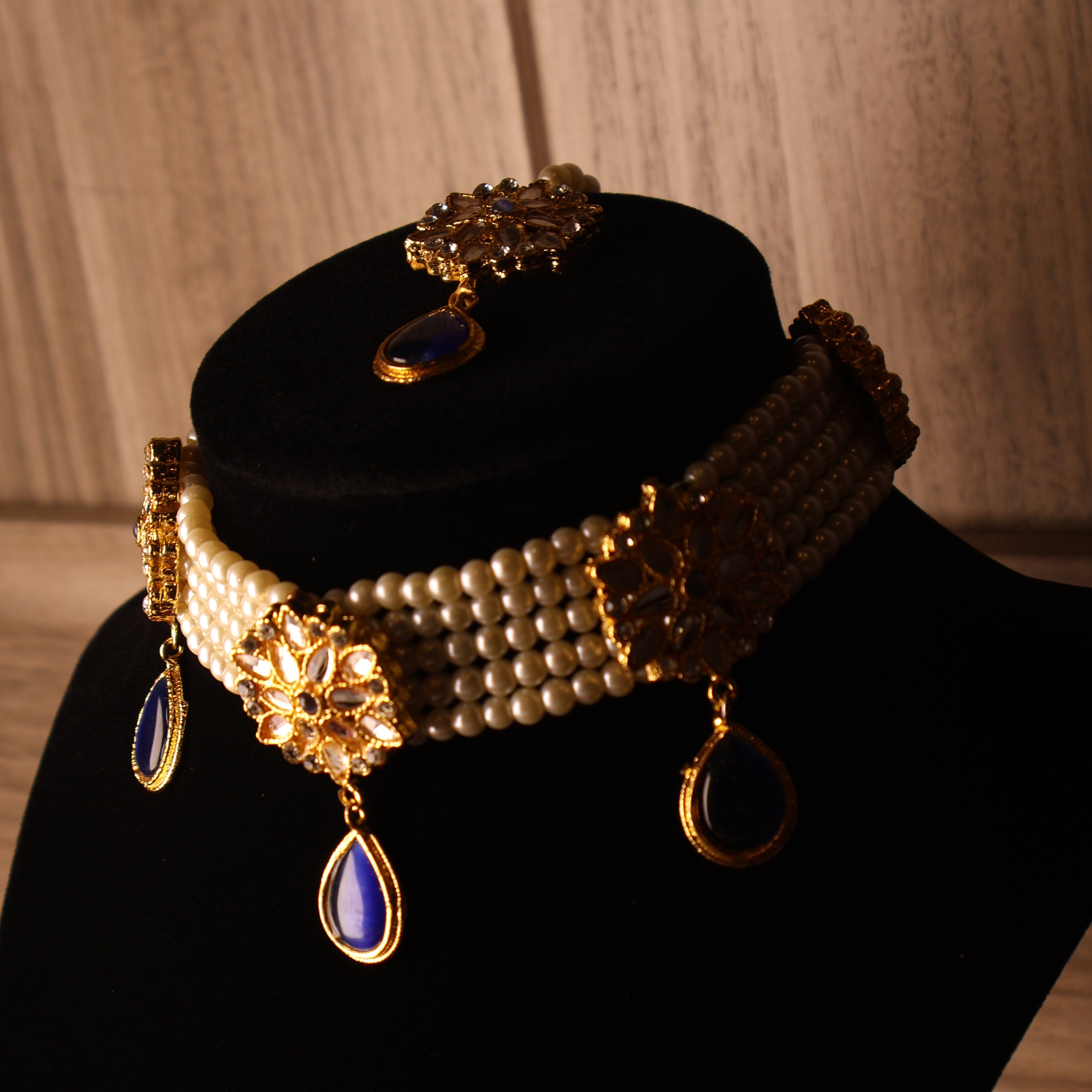 NEELAM sapphire blue pearl and gold kundan-style choker set with tikka and earrings