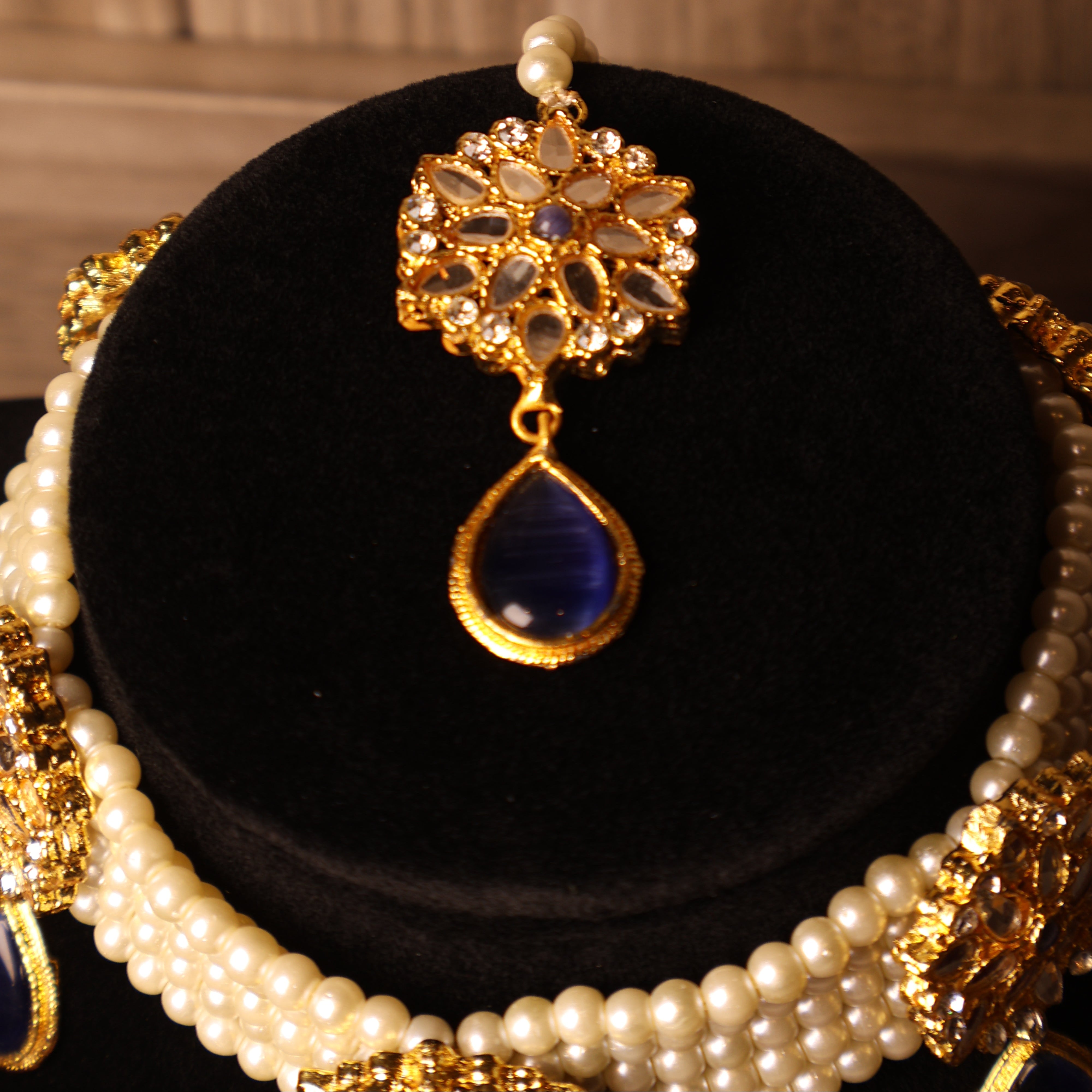 NEELAM sapphire blue pearl and gold kundan-style choker set with tikka and earrings