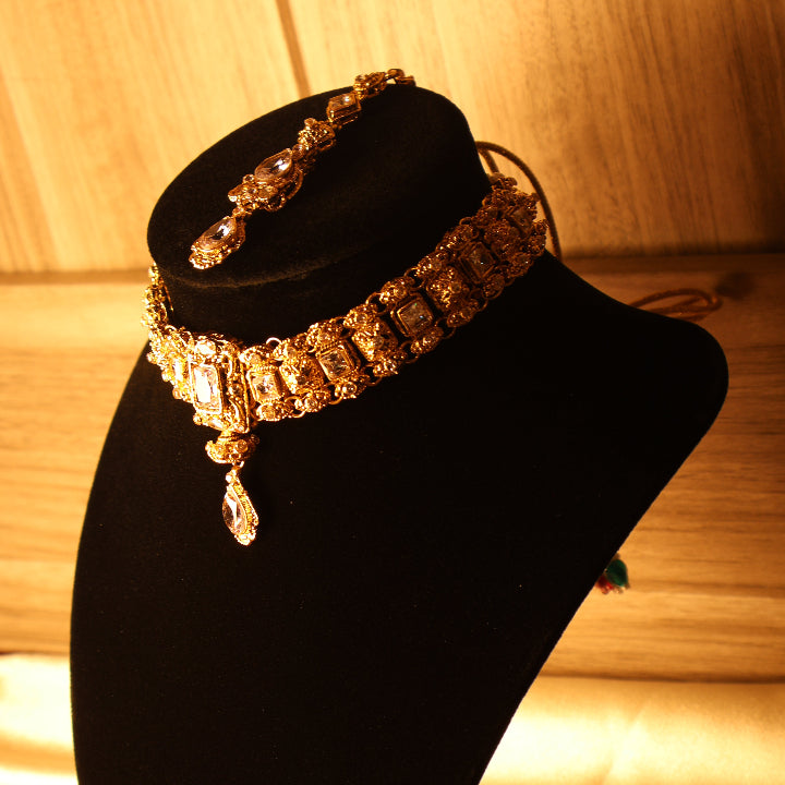 MEHRUNISA regal all-gold kundan-style collar set with tikka and earrings