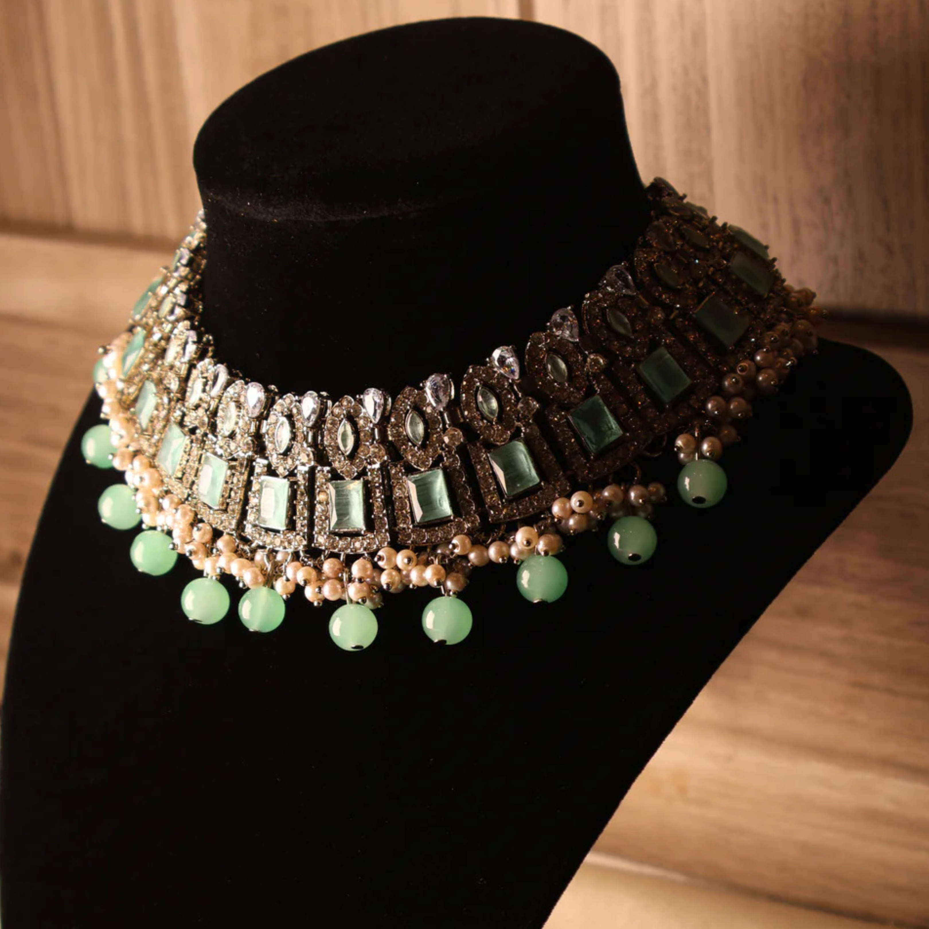 CHANDNI silver-tone mint green kundan-style bridal set with chandbali earrings and tikka