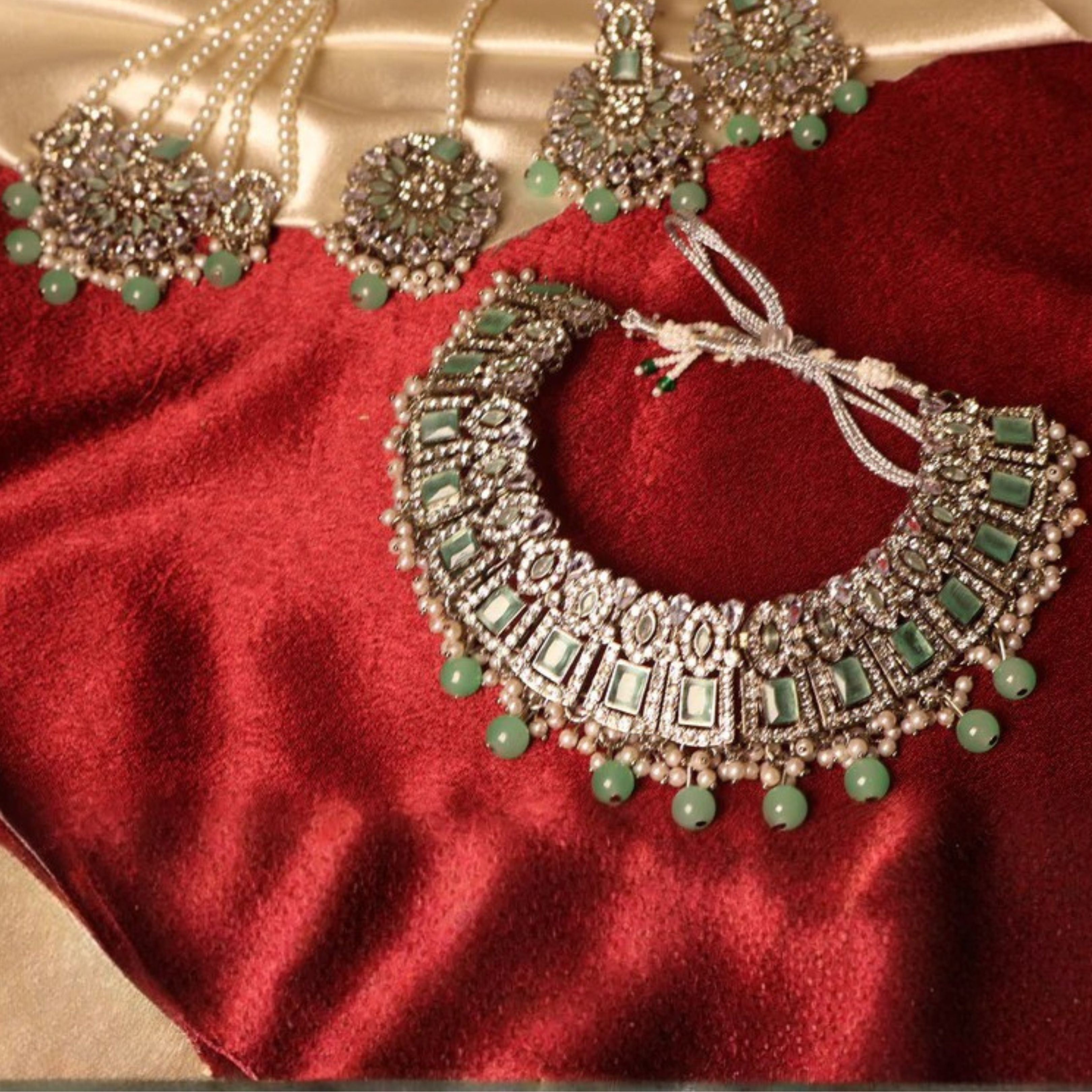 CHANDNI silver-tone mint green kundan-style bridal set with chandbali earrings and tikka