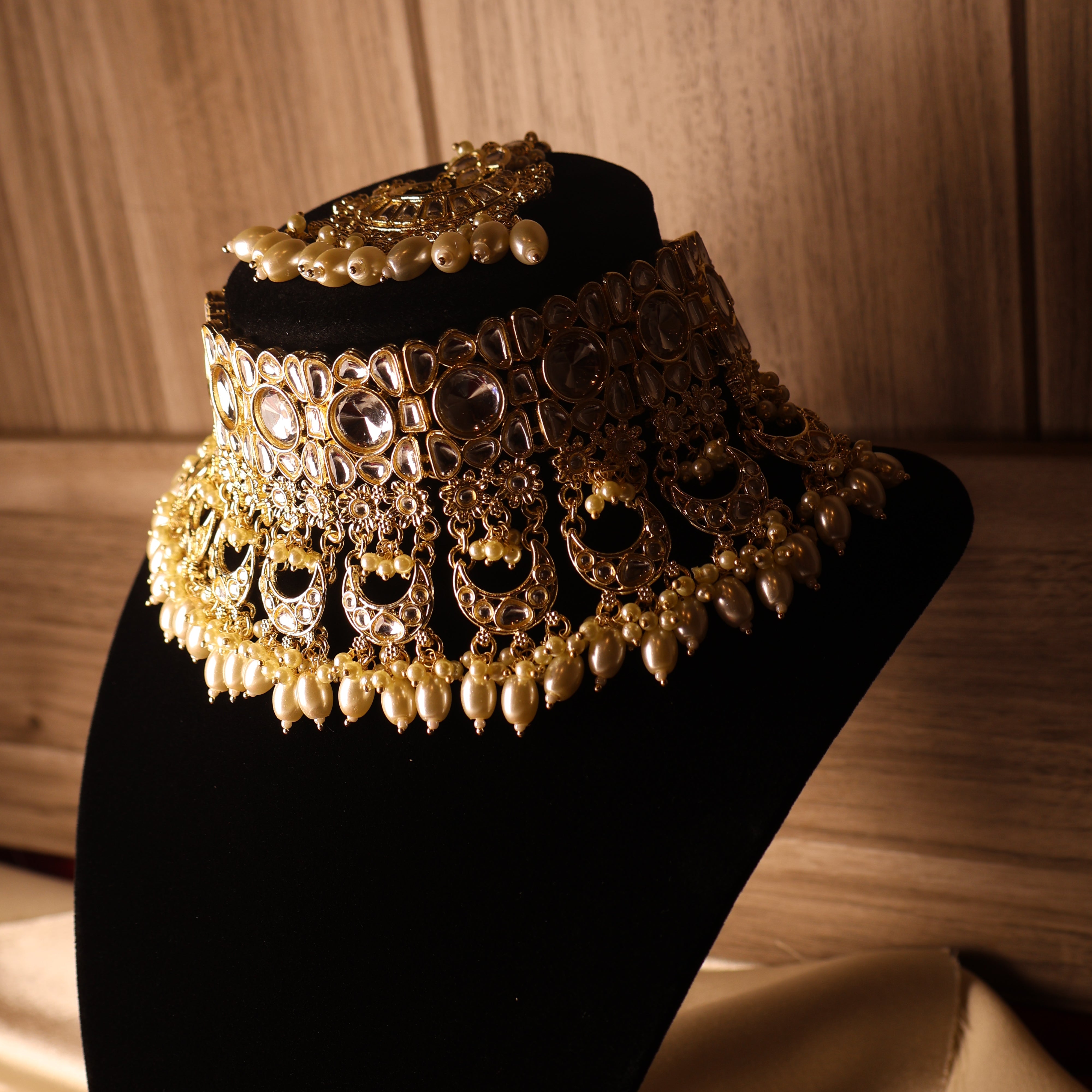 ROSHANARA gold and pearl kundan-style bridal collar with jhumka earrings and tikka