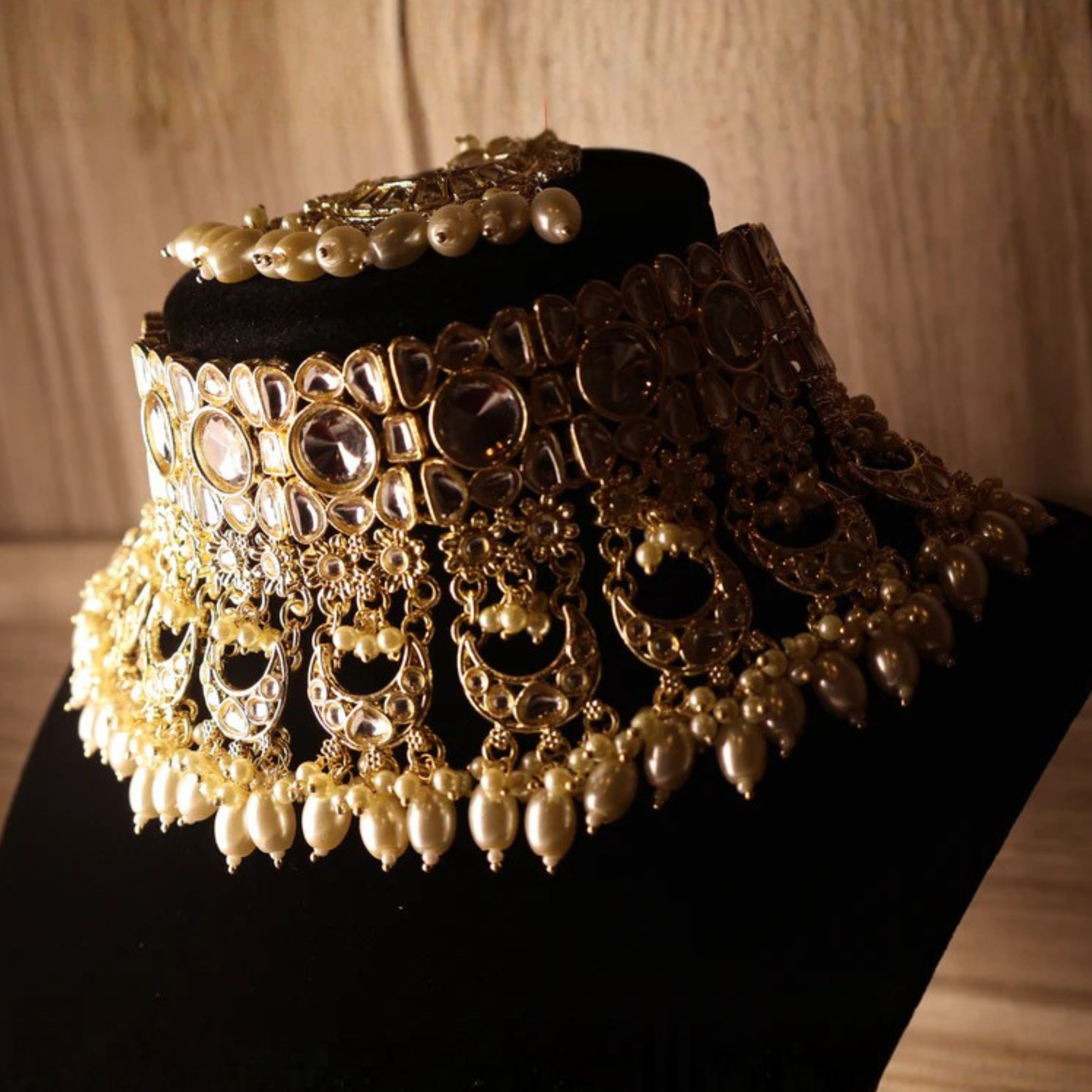 ROSHANARA gold and pearl kundan-style bridal collar with jhumka earrings and tikka
