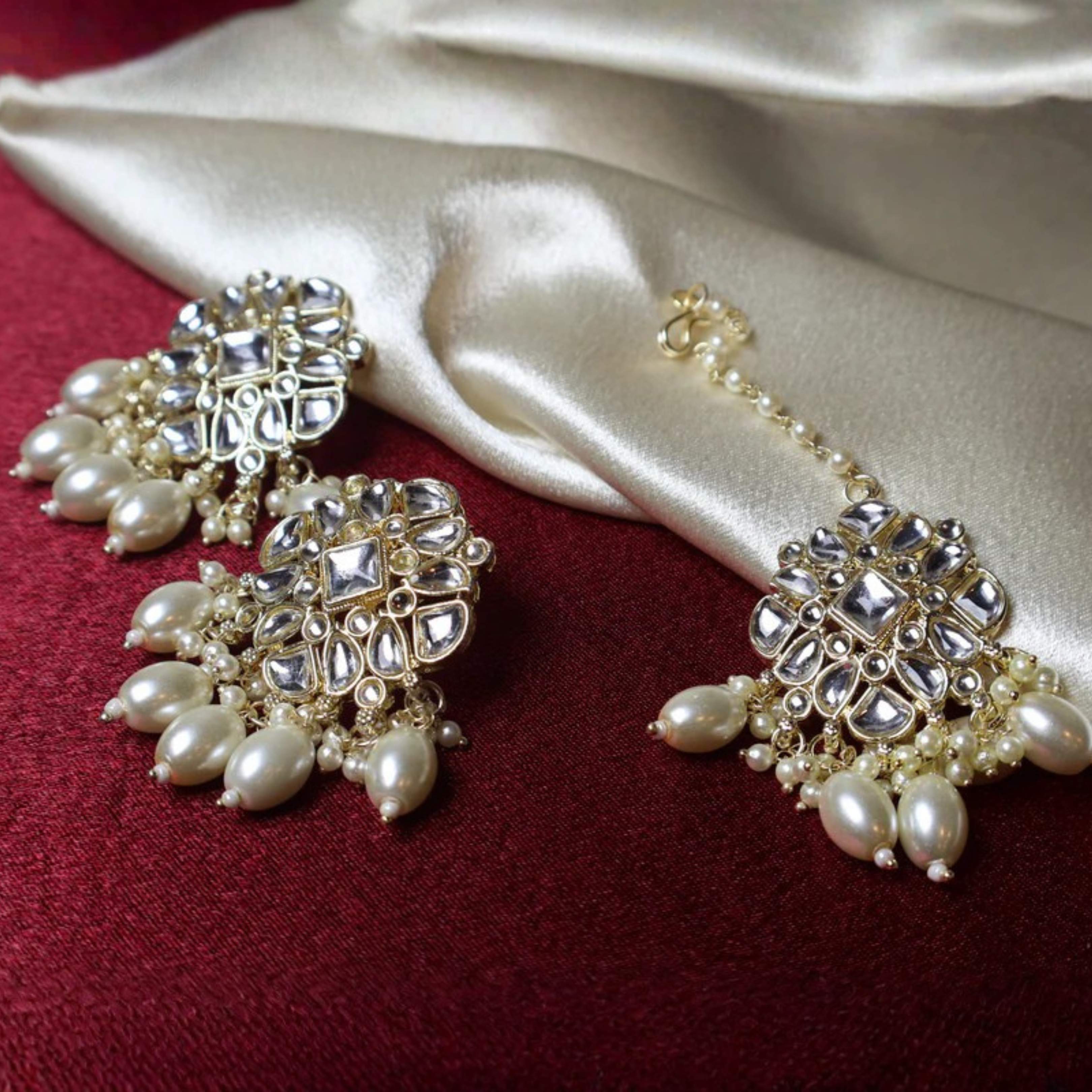 SADAF long pearl and gold kundan-style bridal set with tikka and earrings