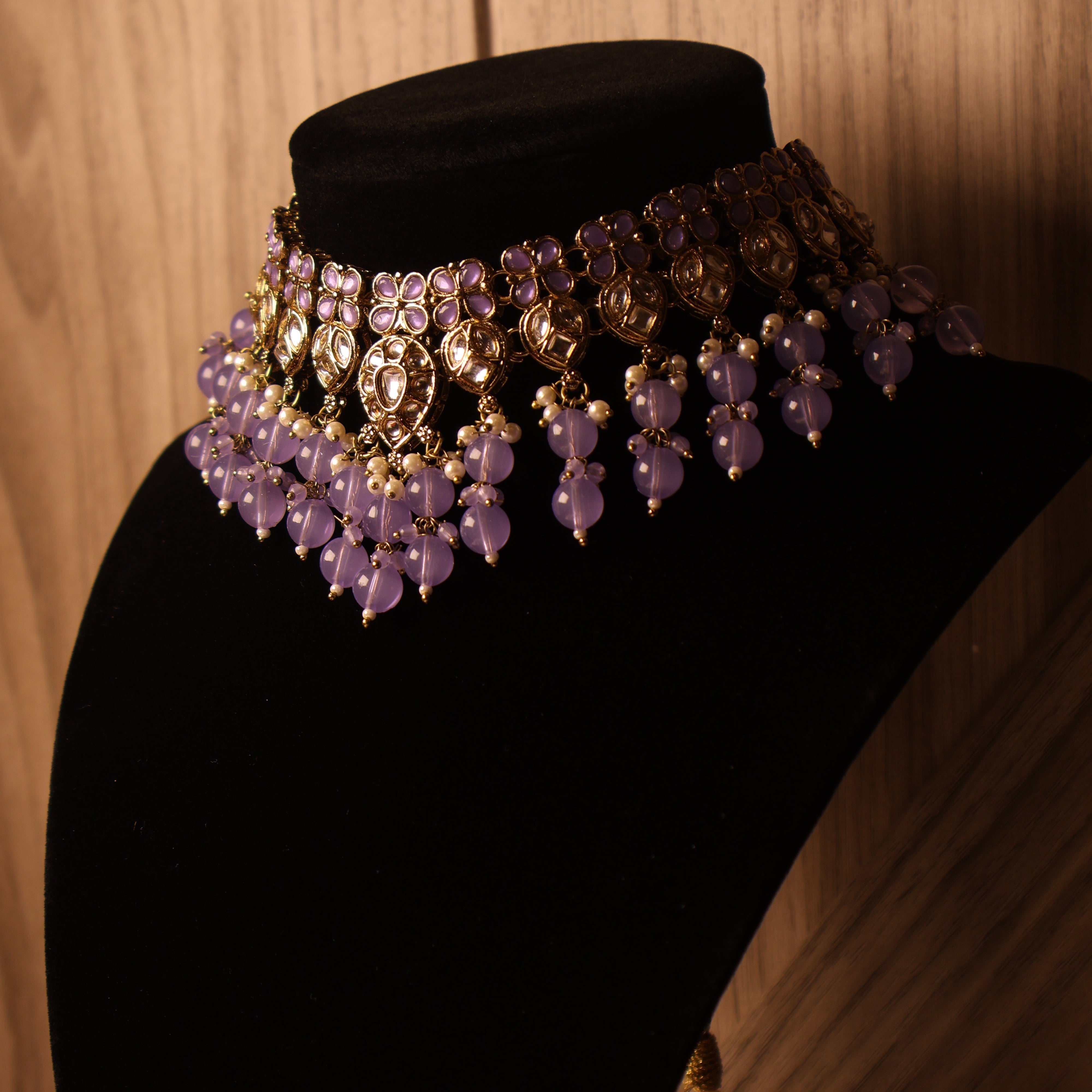 SUMBAL lilac and gold kundan-style bridal choker with tikka and earrings