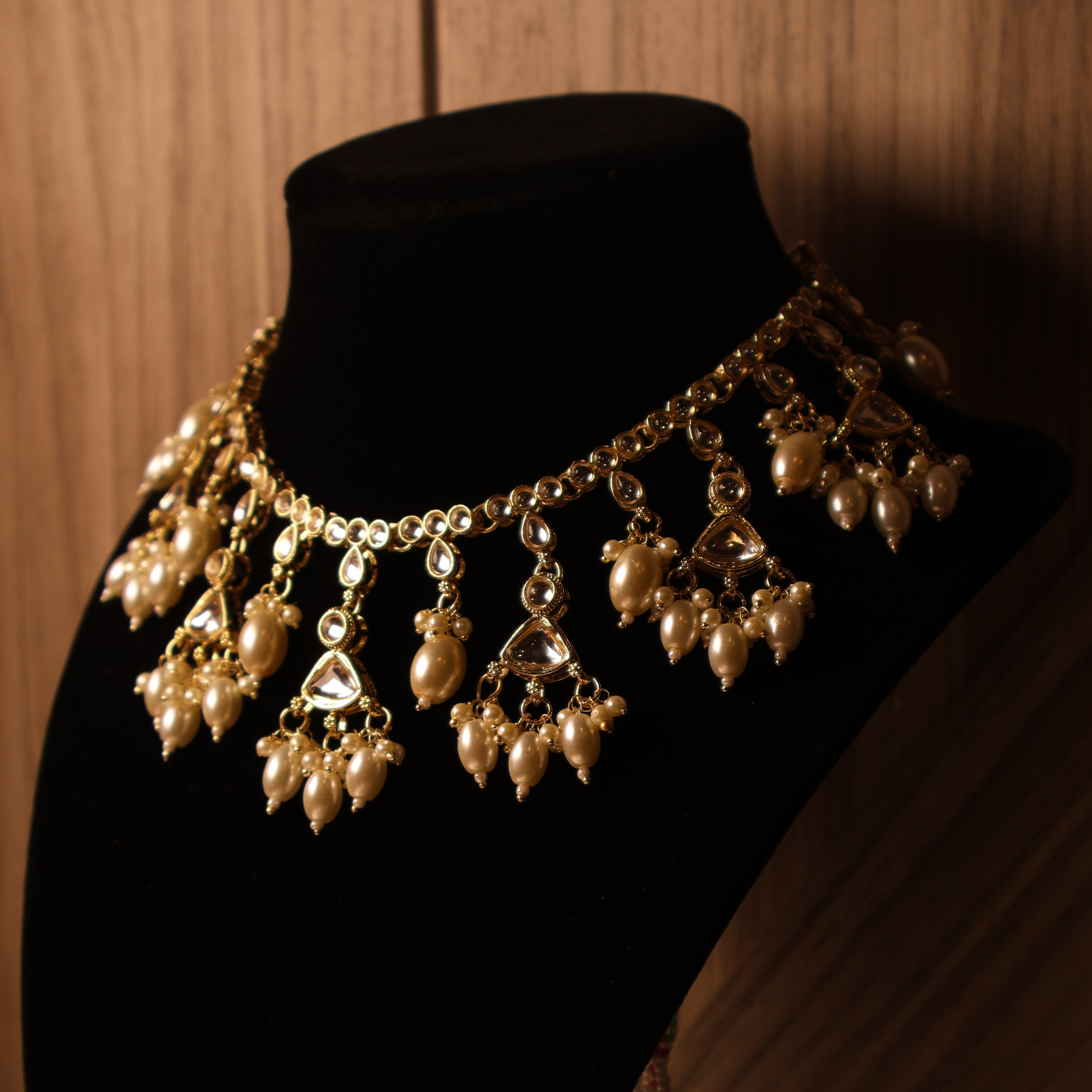 YASMEEN gold and pearl kundan-style bridal necklace set with tikka and earrings