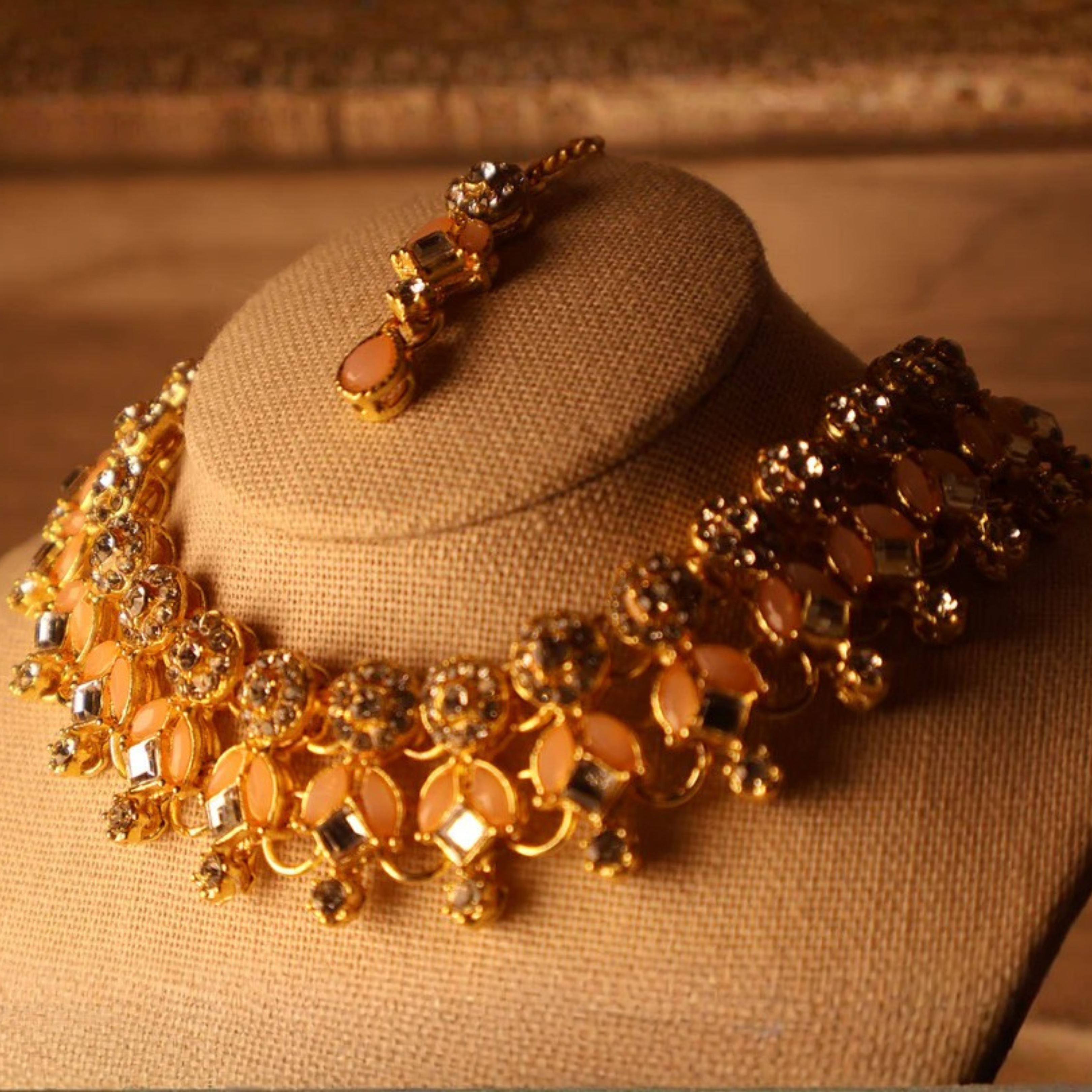 SEHER soft peach and gold kundan-style necklace set with tikka and earrings