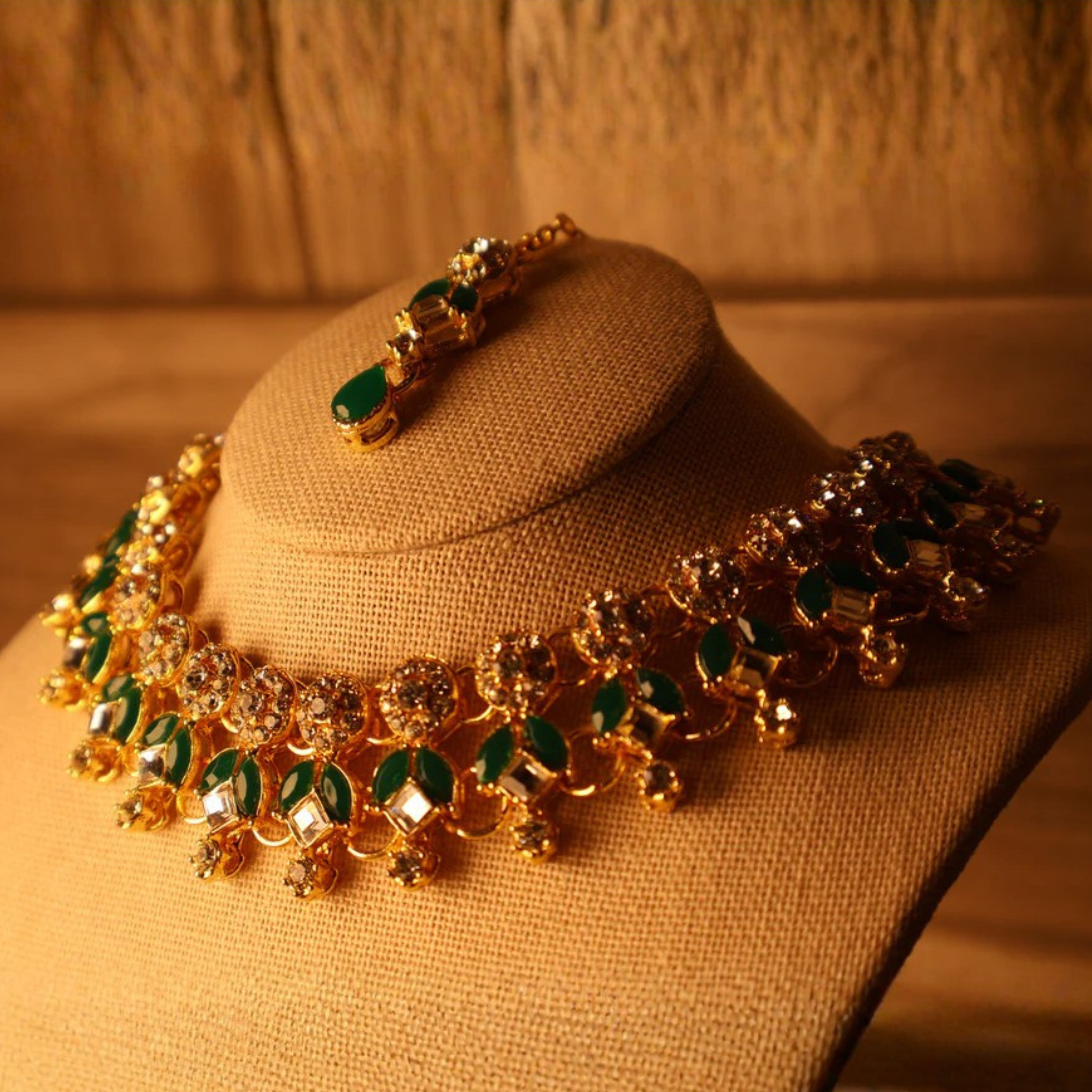 ZAMURRAD emerald green and gold kundan-style necklace set with tikka and earrings