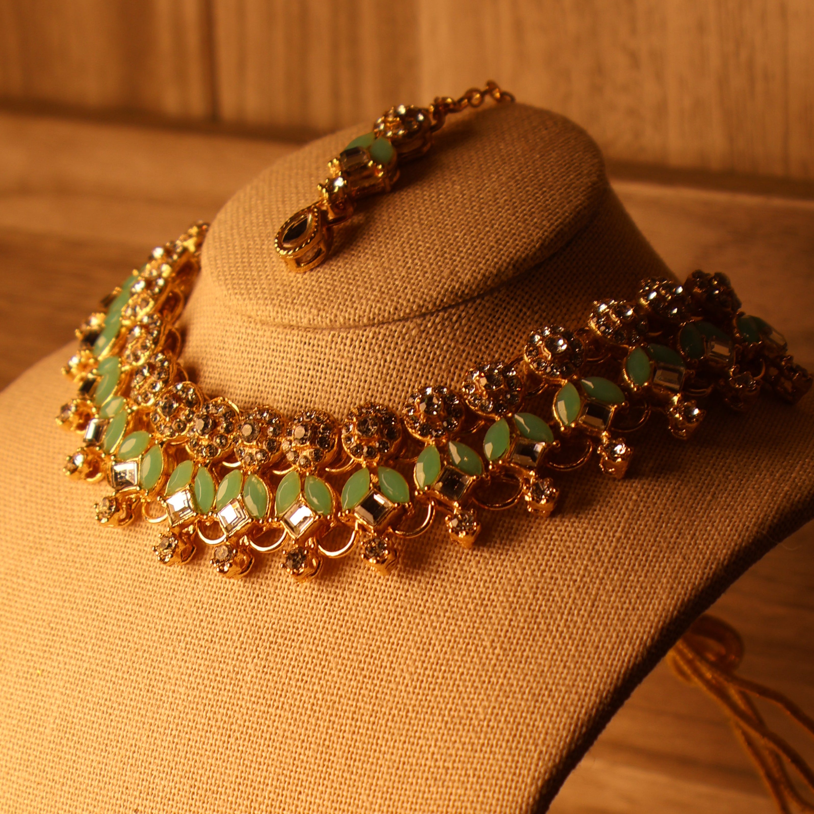 SABA mint green and gold kundan-style necklace set with tikka and earrings