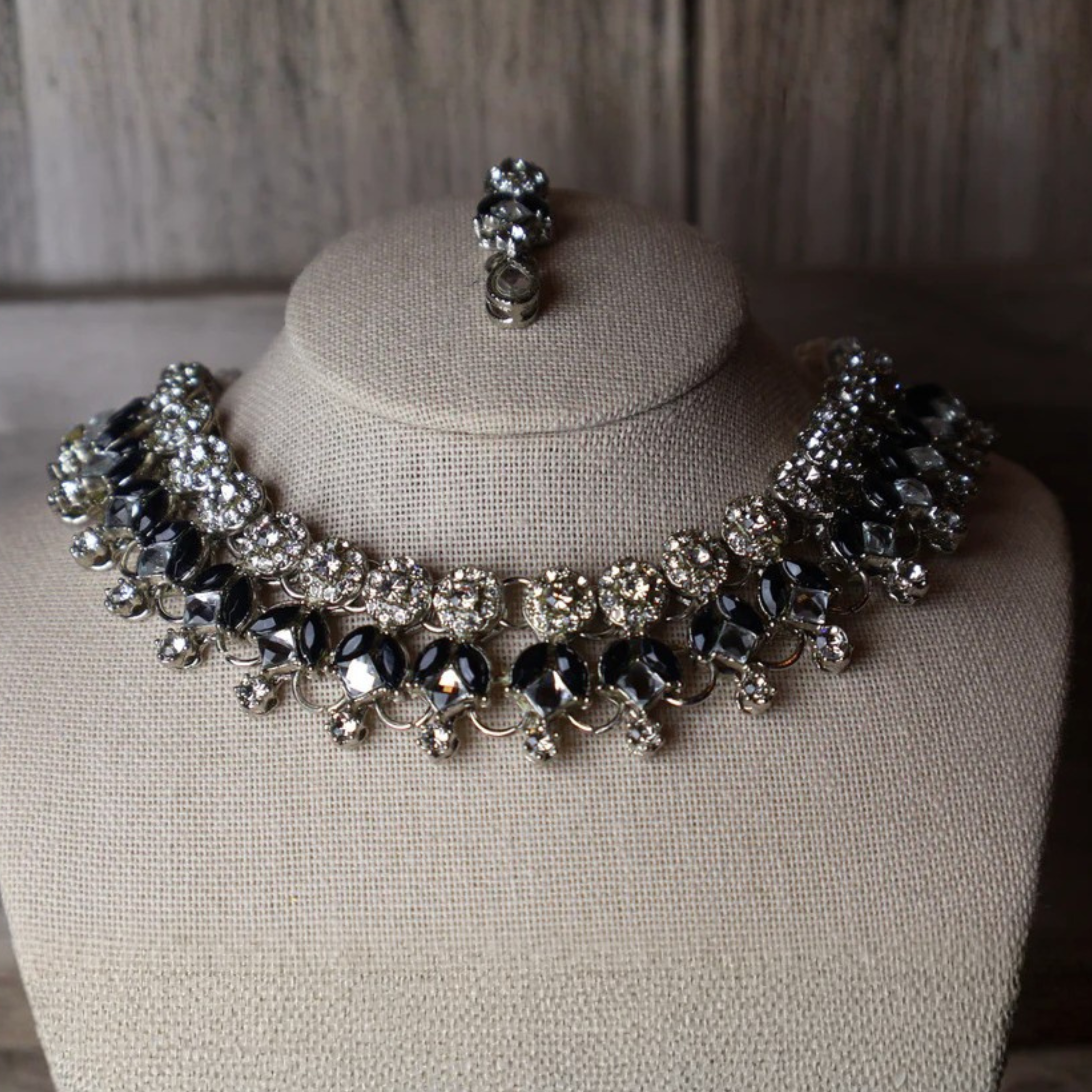 LAILA black and silver-tone kundan-style necklace set with tikka and earrings