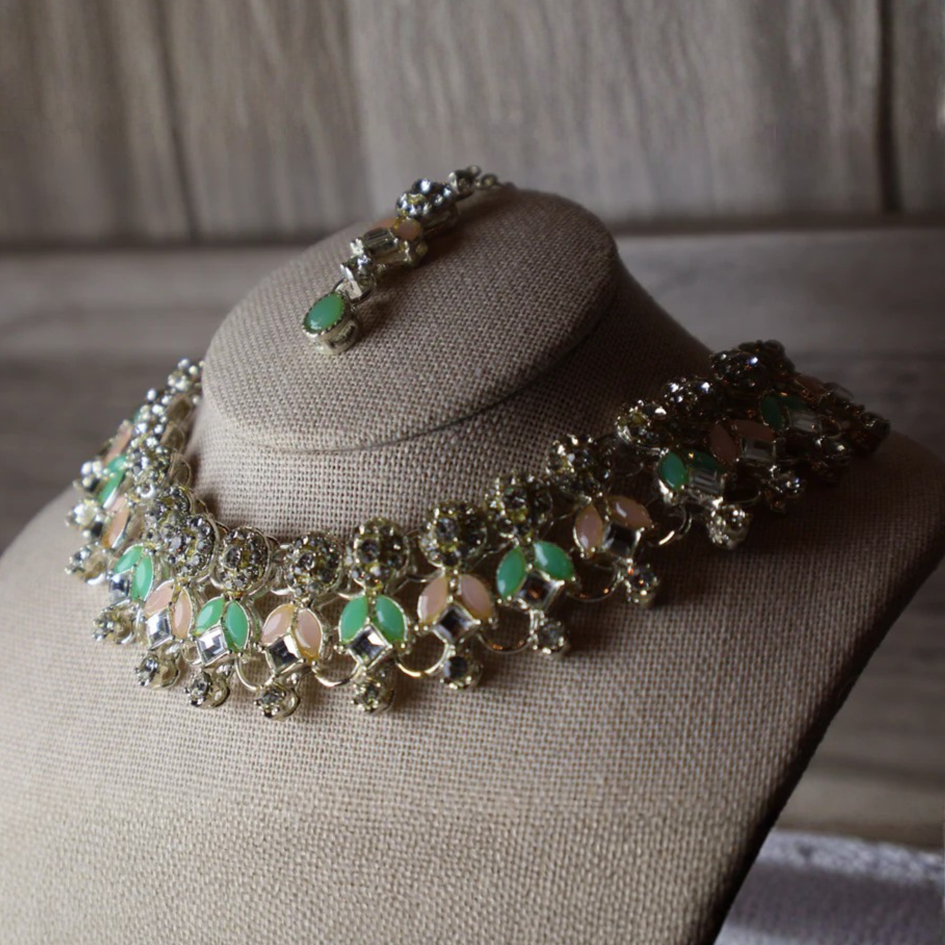 MOTI silver-tone pearl, blush and mint kundan-style drop set with tikka and earrings