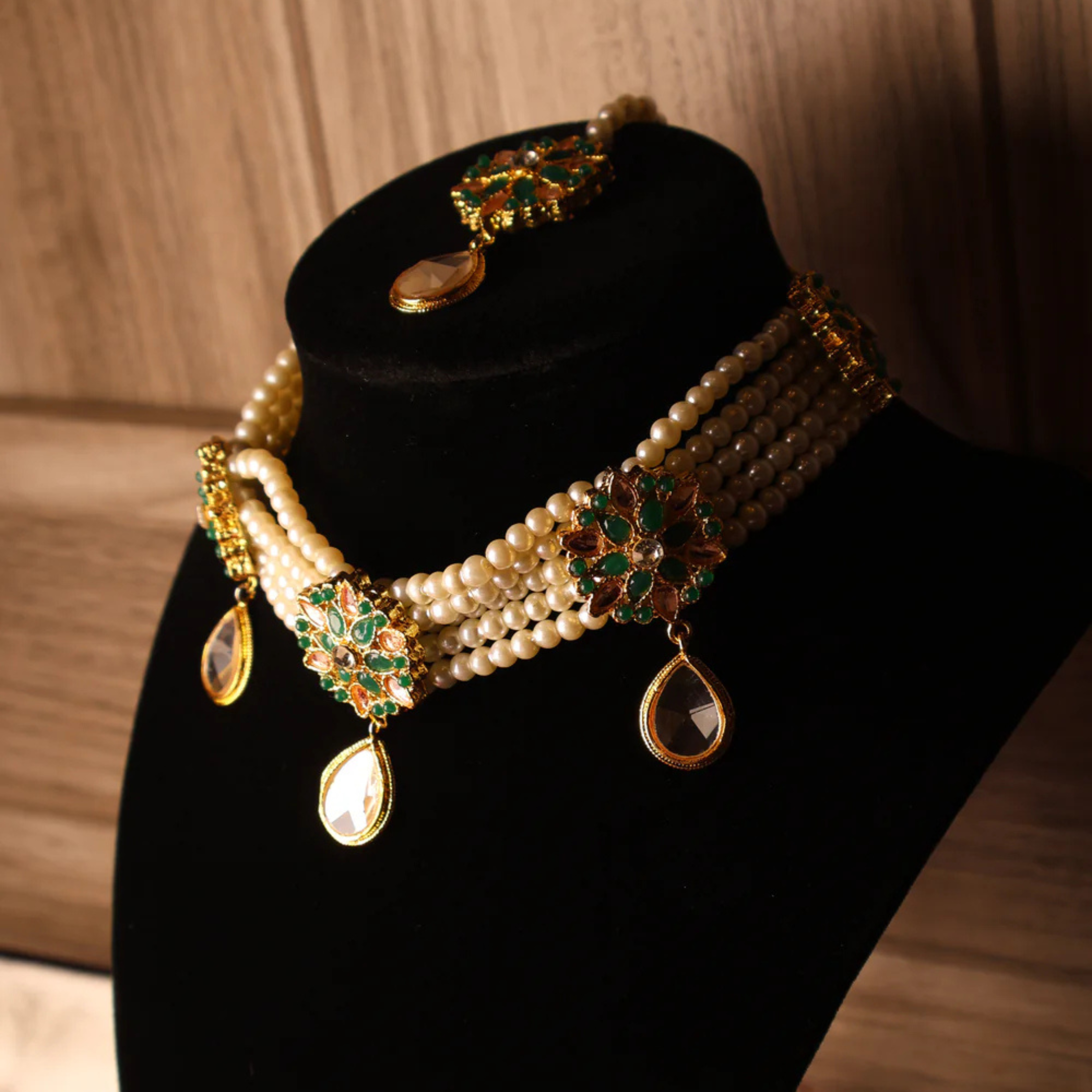 MEENA multicolour pearl and gold kundan-style choker set with tikka and earrings