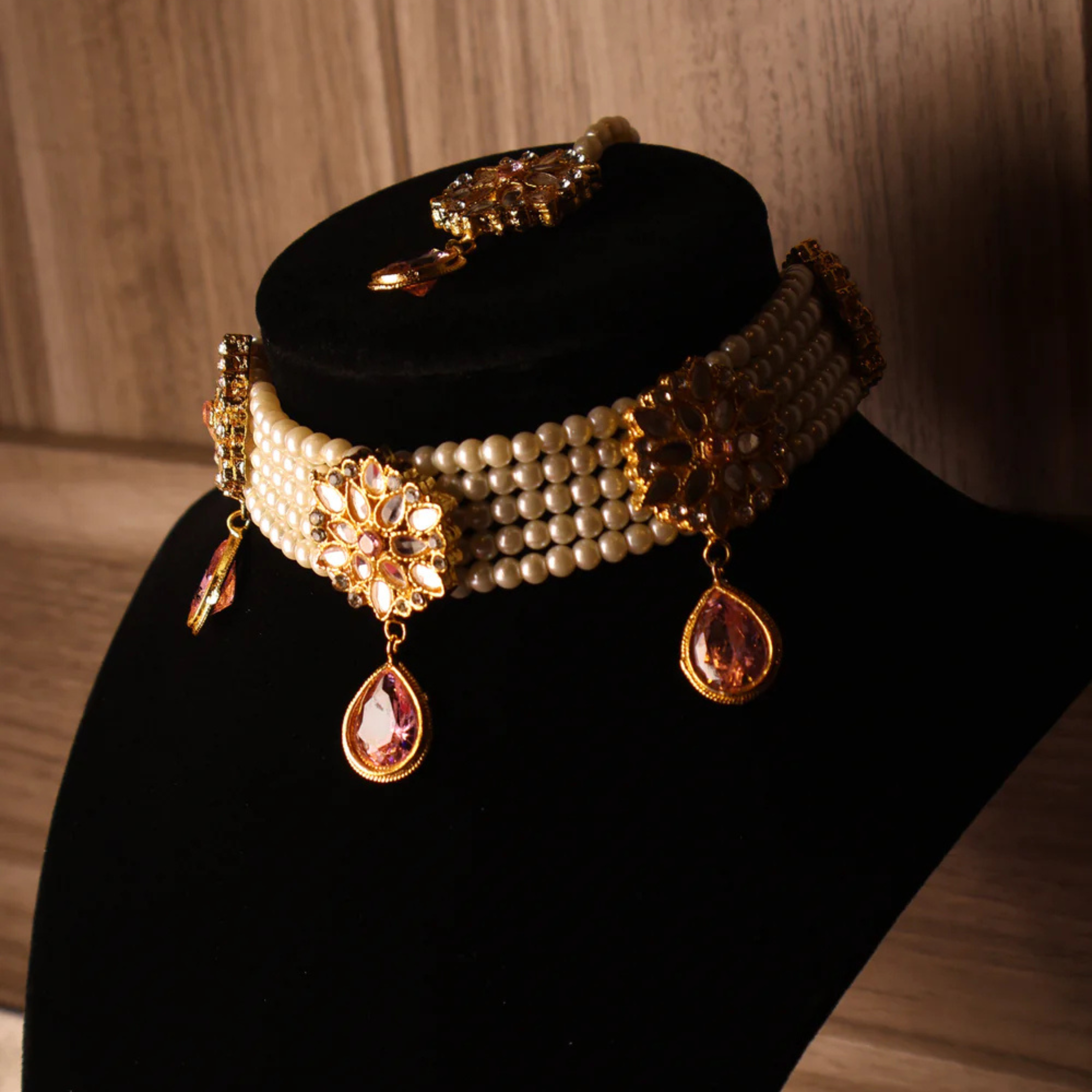 GULNAR rose gold and pink kundan-style set with tikka and earrings