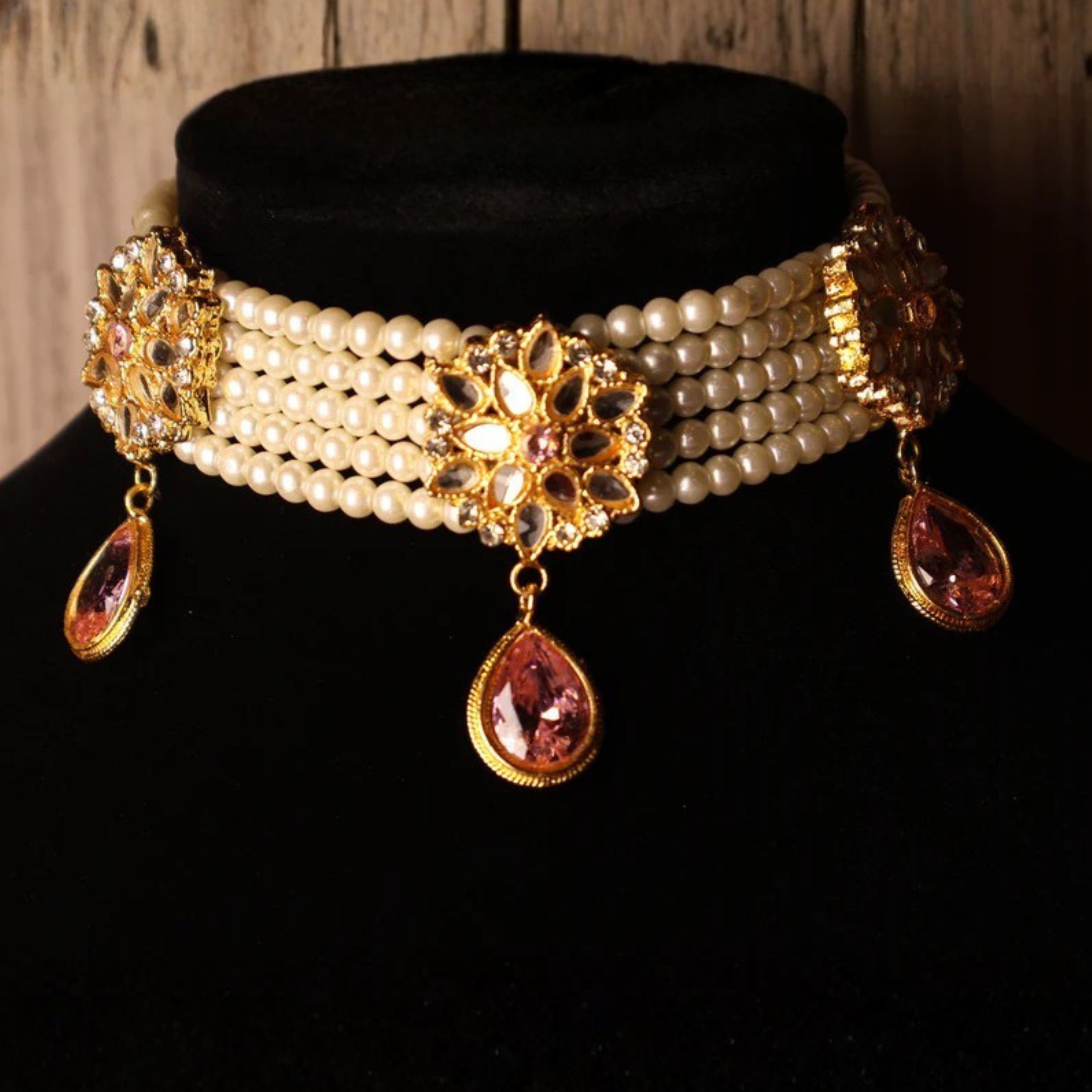 GULNAR rose gold and pink kundan-style set with tikka and earrings