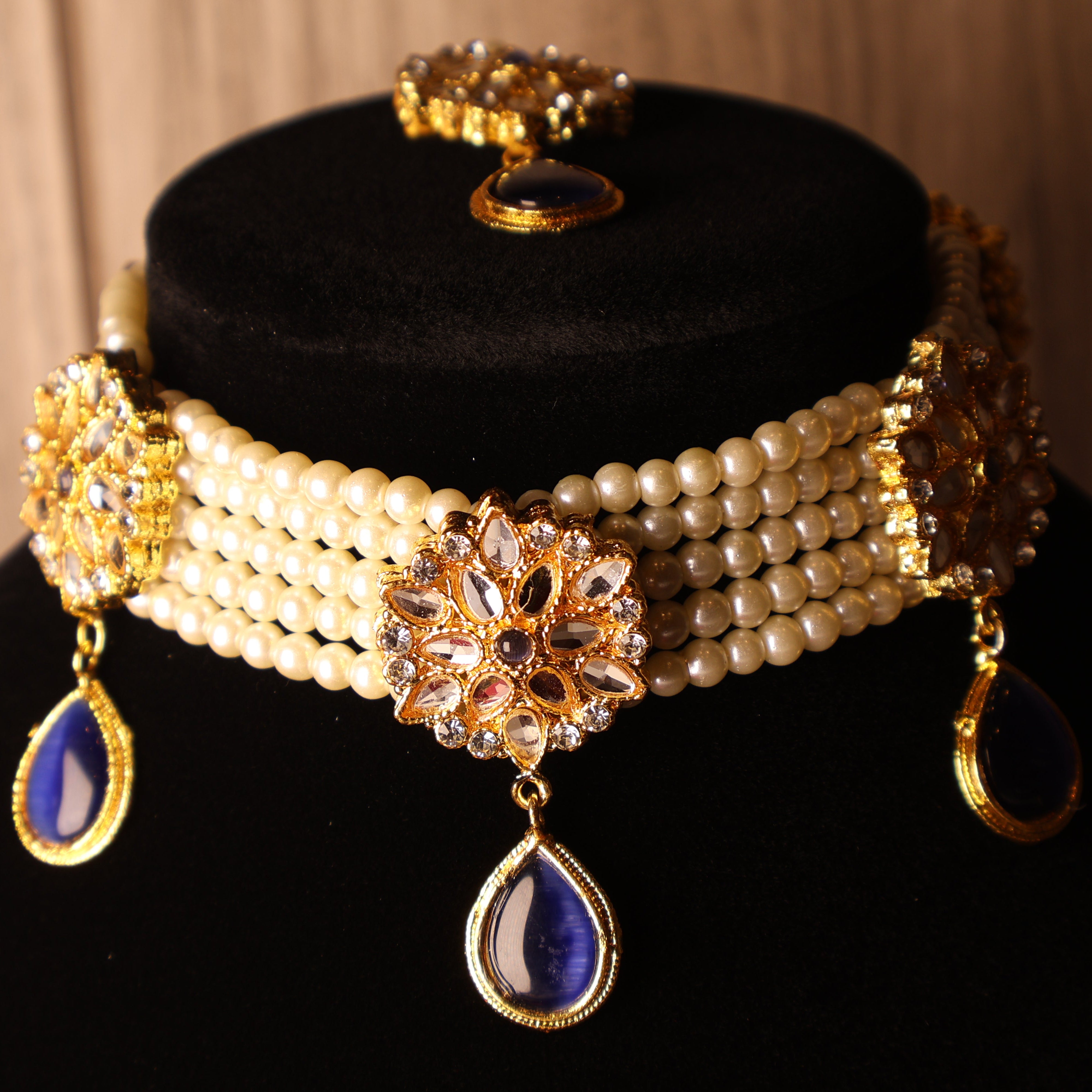 NEELAM sapphire blue pearl and gold kundan-style choker set with tikka and earrings