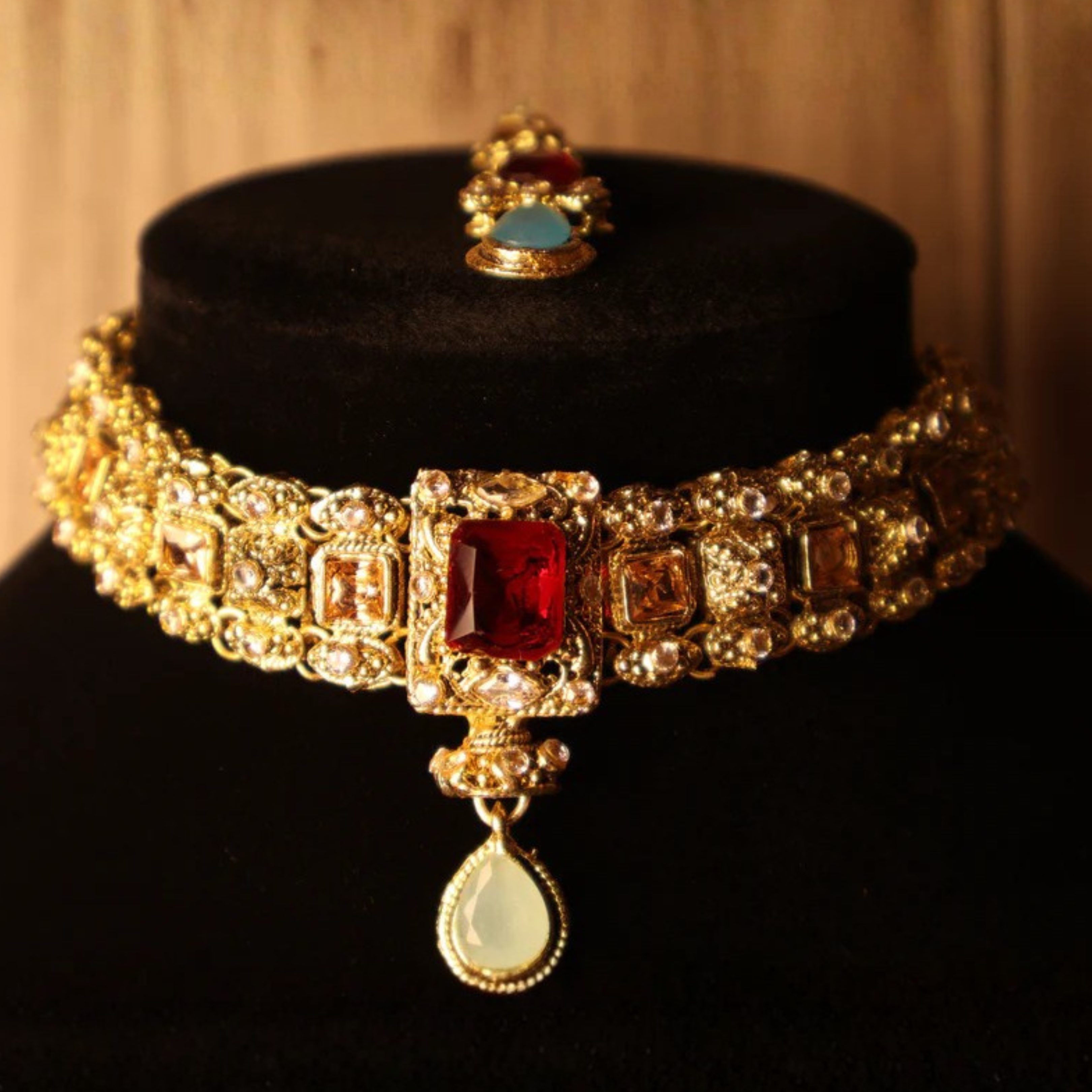SITARA red, blue and gold kundan-style choker set with tikka and earrings