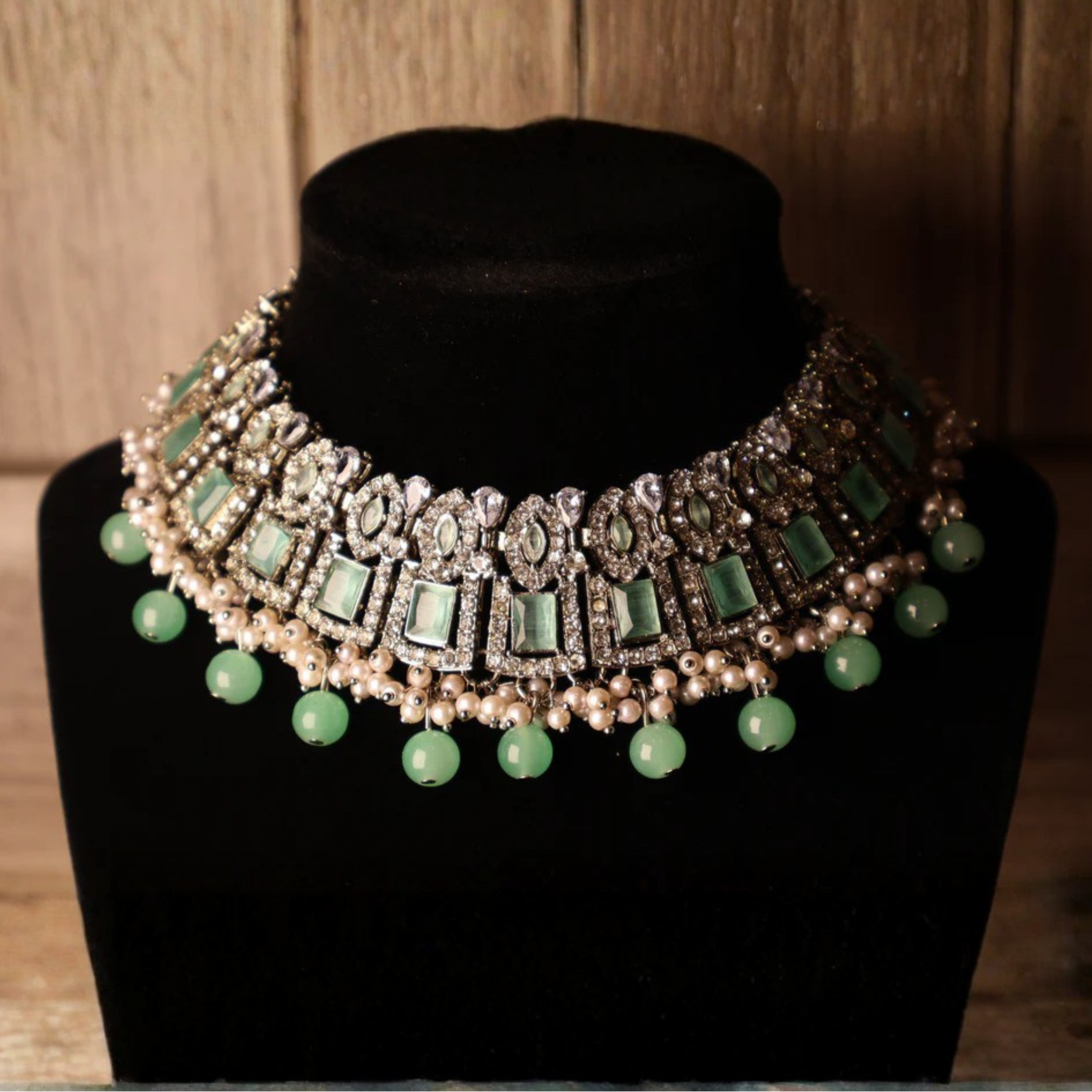 CHANDNI silver-tone mint green kundan-style bridal set with chandbali earrings and tikka