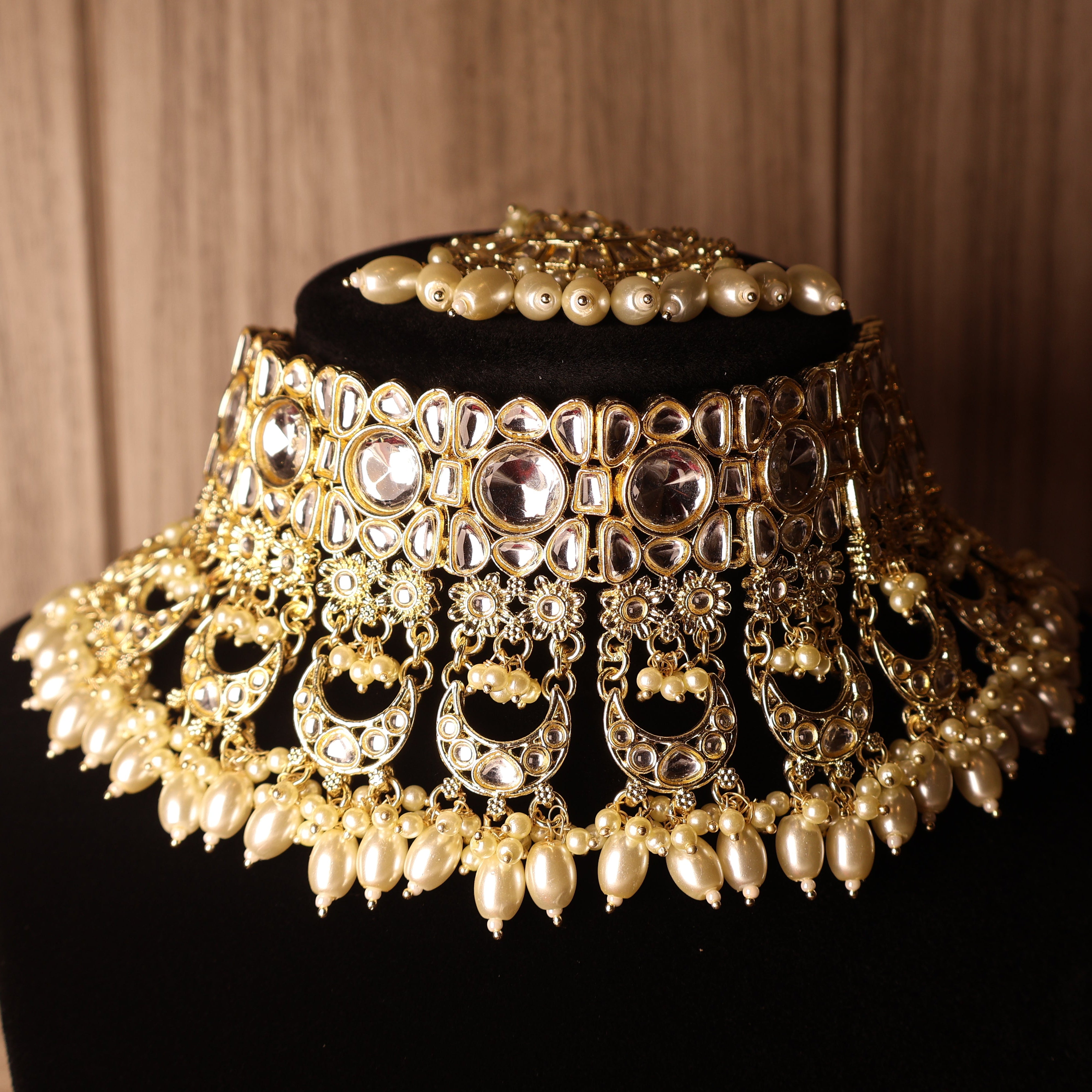 ROSHANARA gold and pearl kundan-style bridal collar with jhumka earrings and tikka