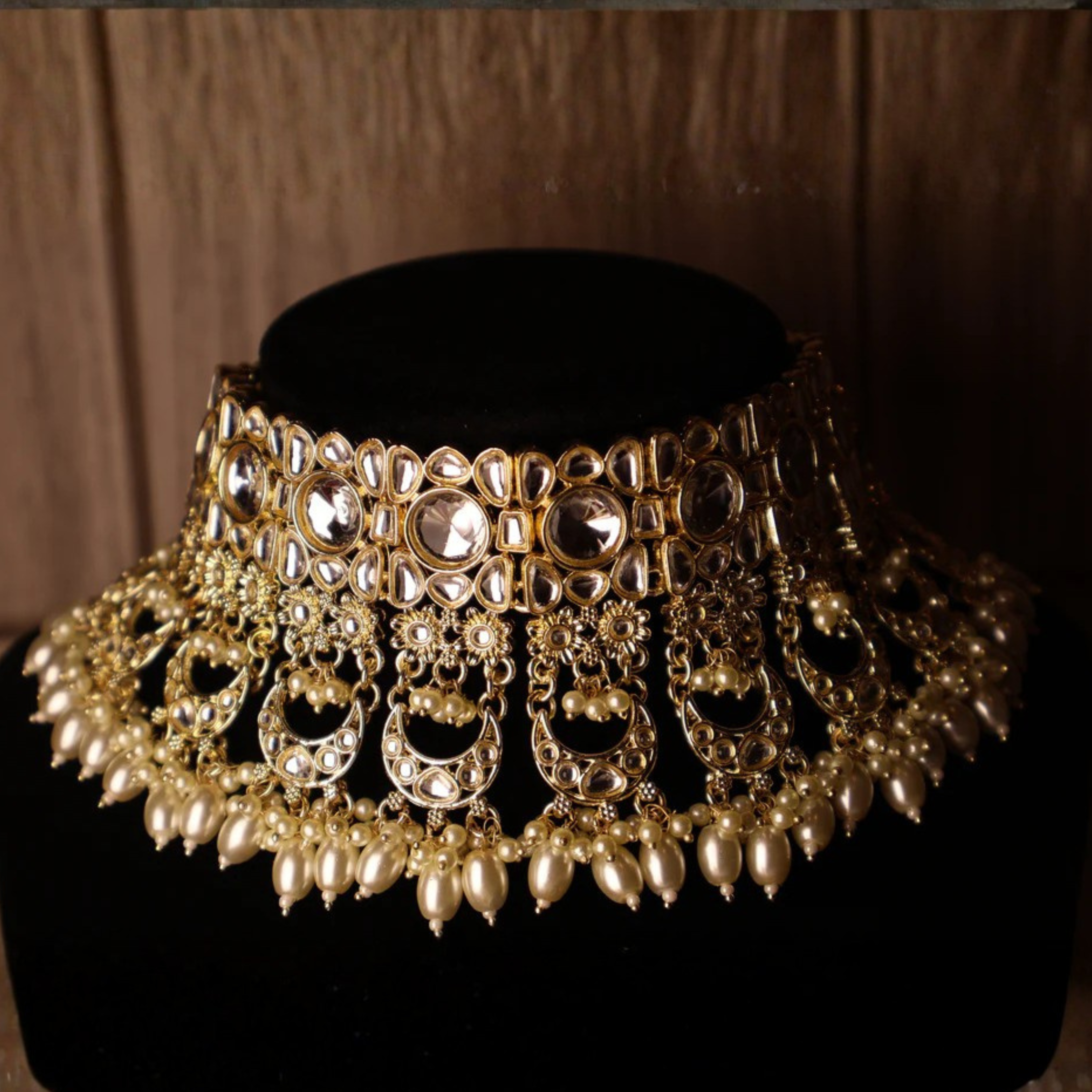 ROSHANARA gold and pearl kundan-style bridal collar with jhumka earrings and tikka