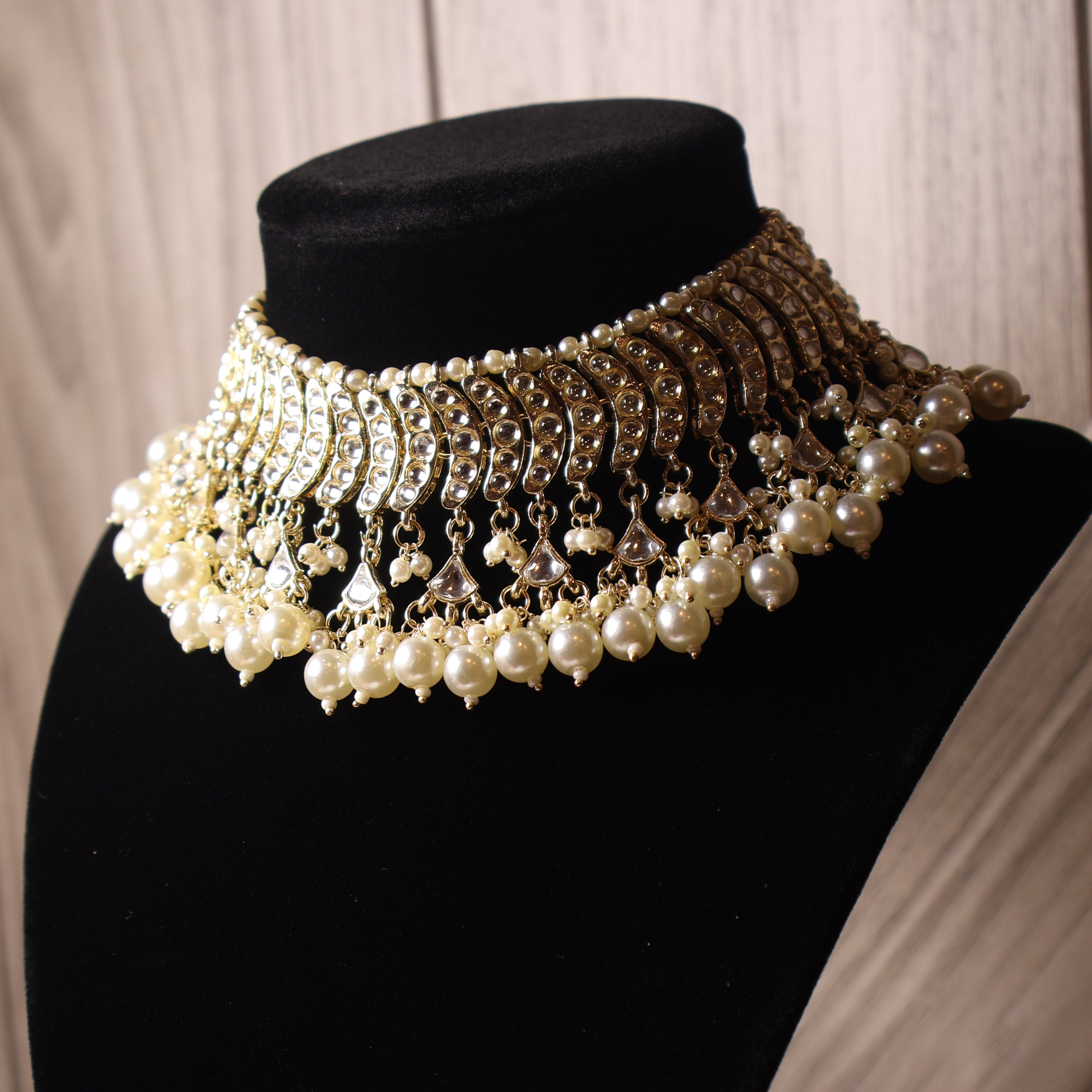 MOTIA antique-gold and pearl kundan-style bridal choker with tikka and earrings