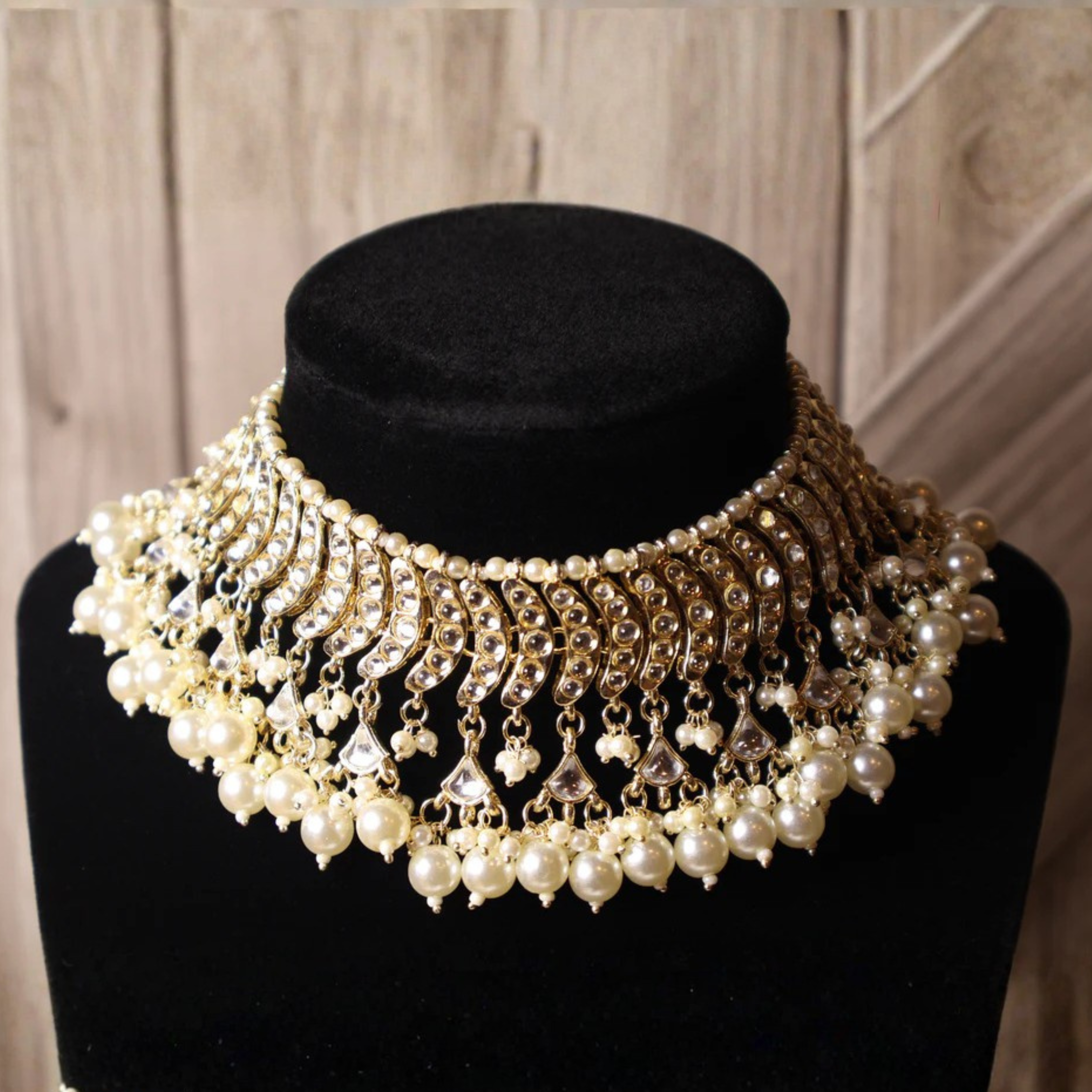 MOTIA antique-gold and pearl kundan-style bridal choker with tikka and earrings