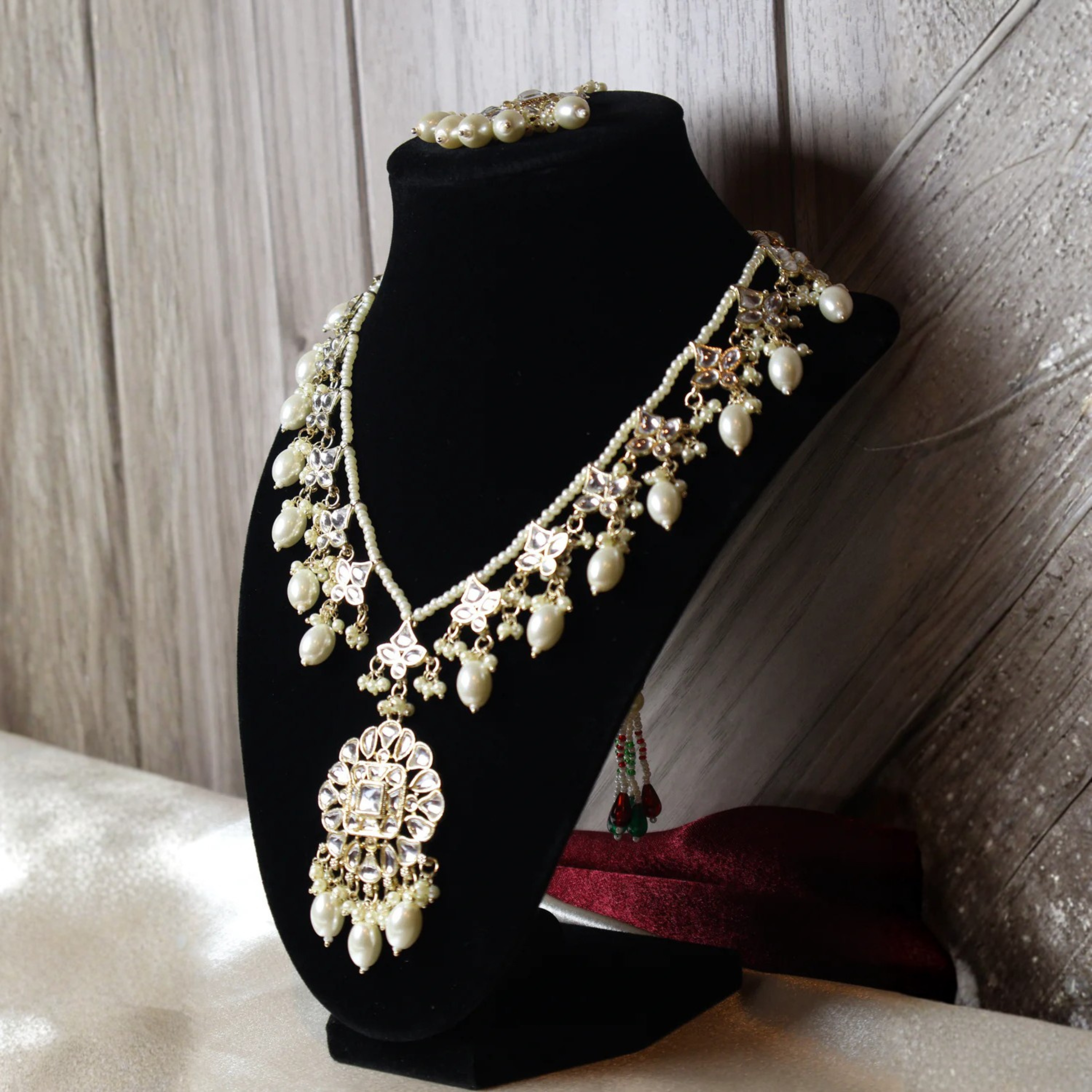 SADAF long pearl and gold kundan-style bridal set with tikka and earrings