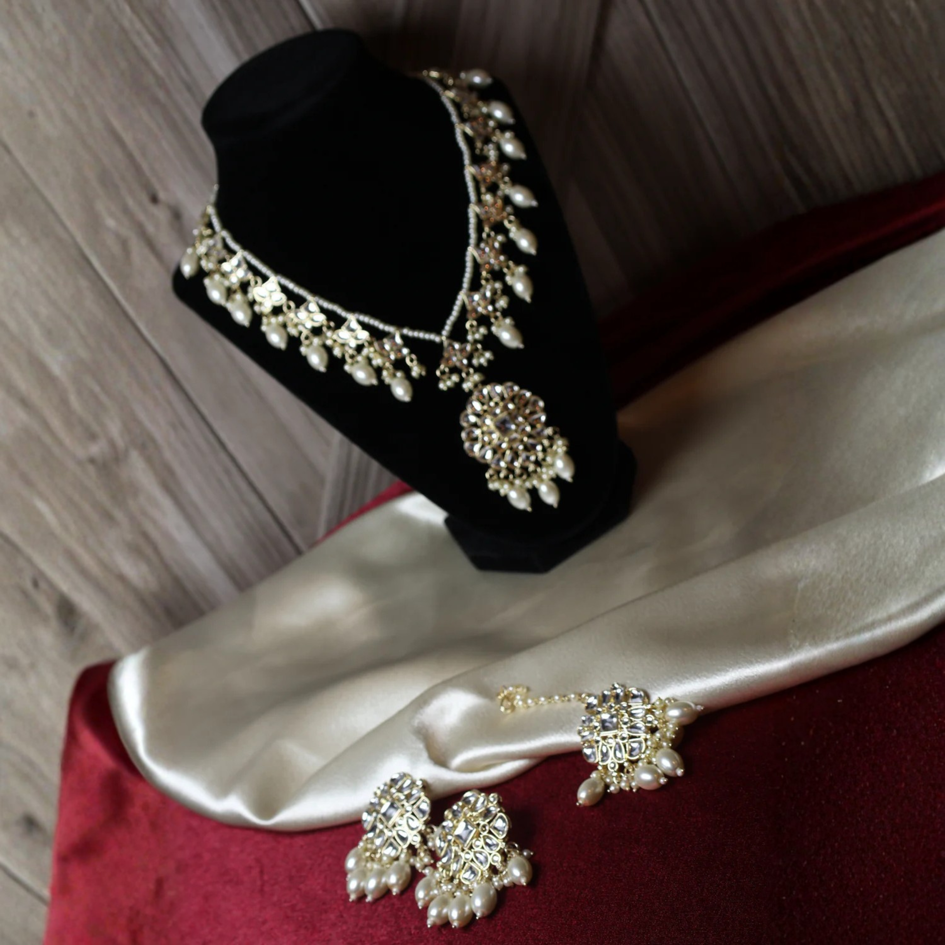 SADAF long pearl and gold kundan-style bridal set with tikka and earrings