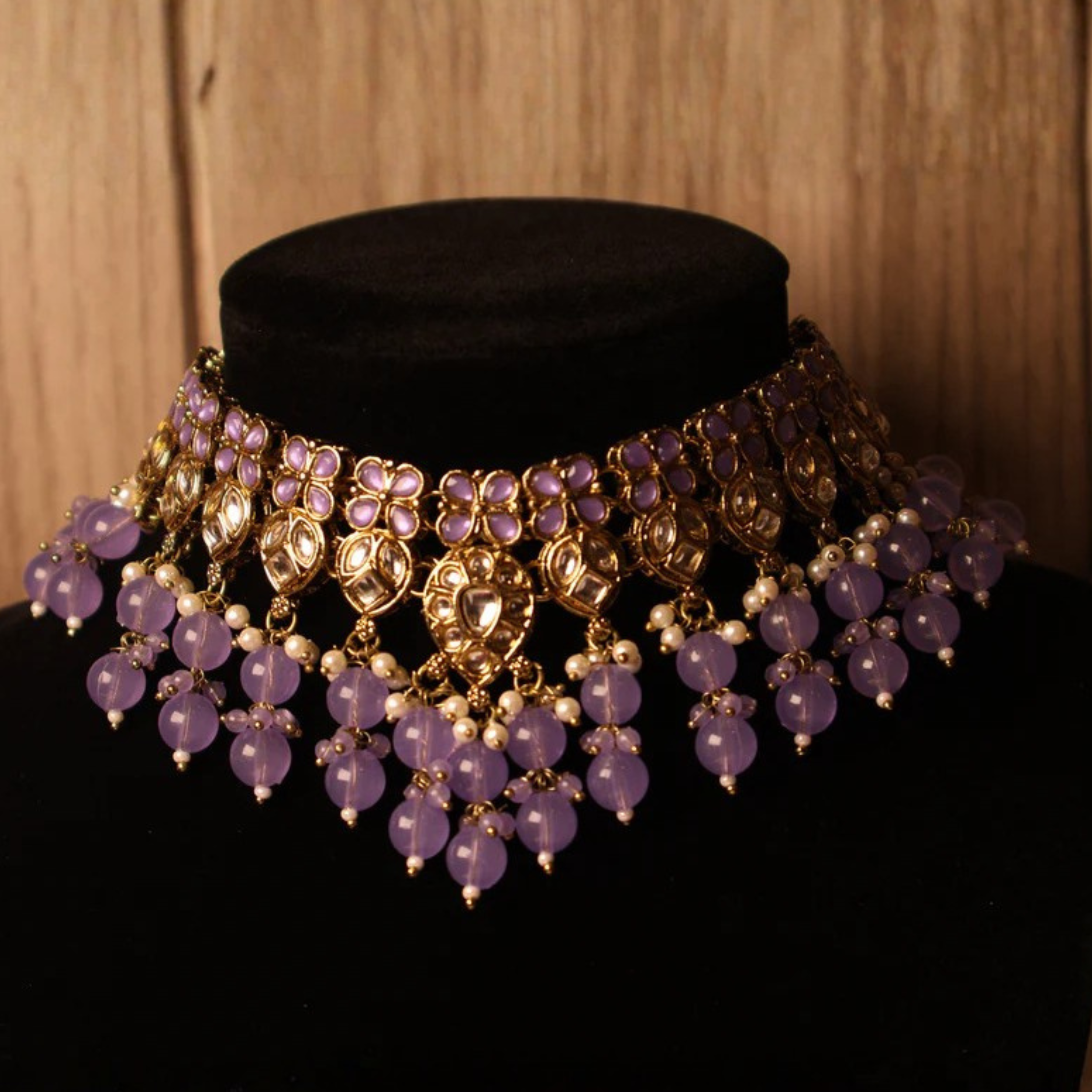 SUMBAL lilac and gold kundan-style bridal choker with tikka and earrings