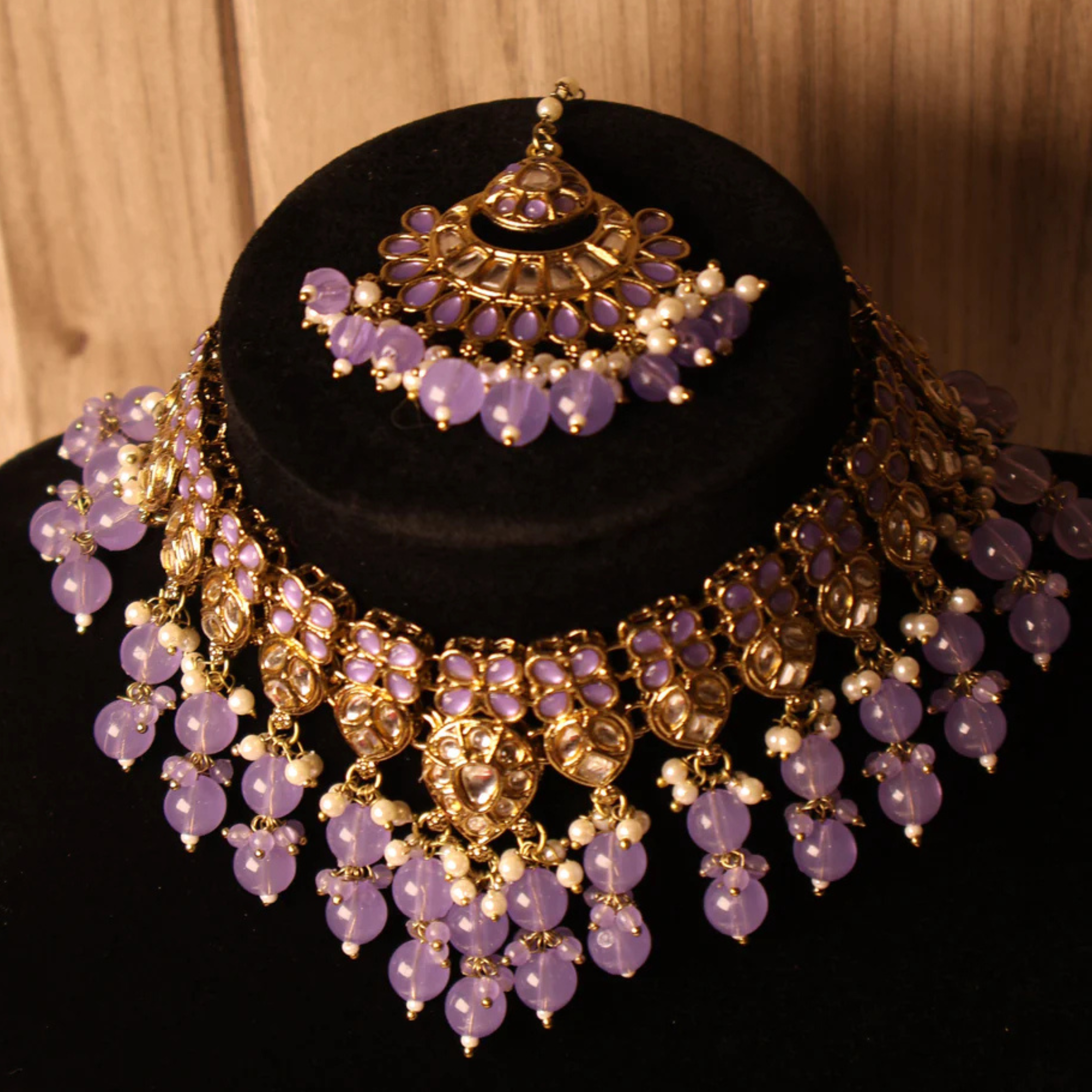 SUMBAL lilac and gold kundan-style bridal choker with tikka and earrings