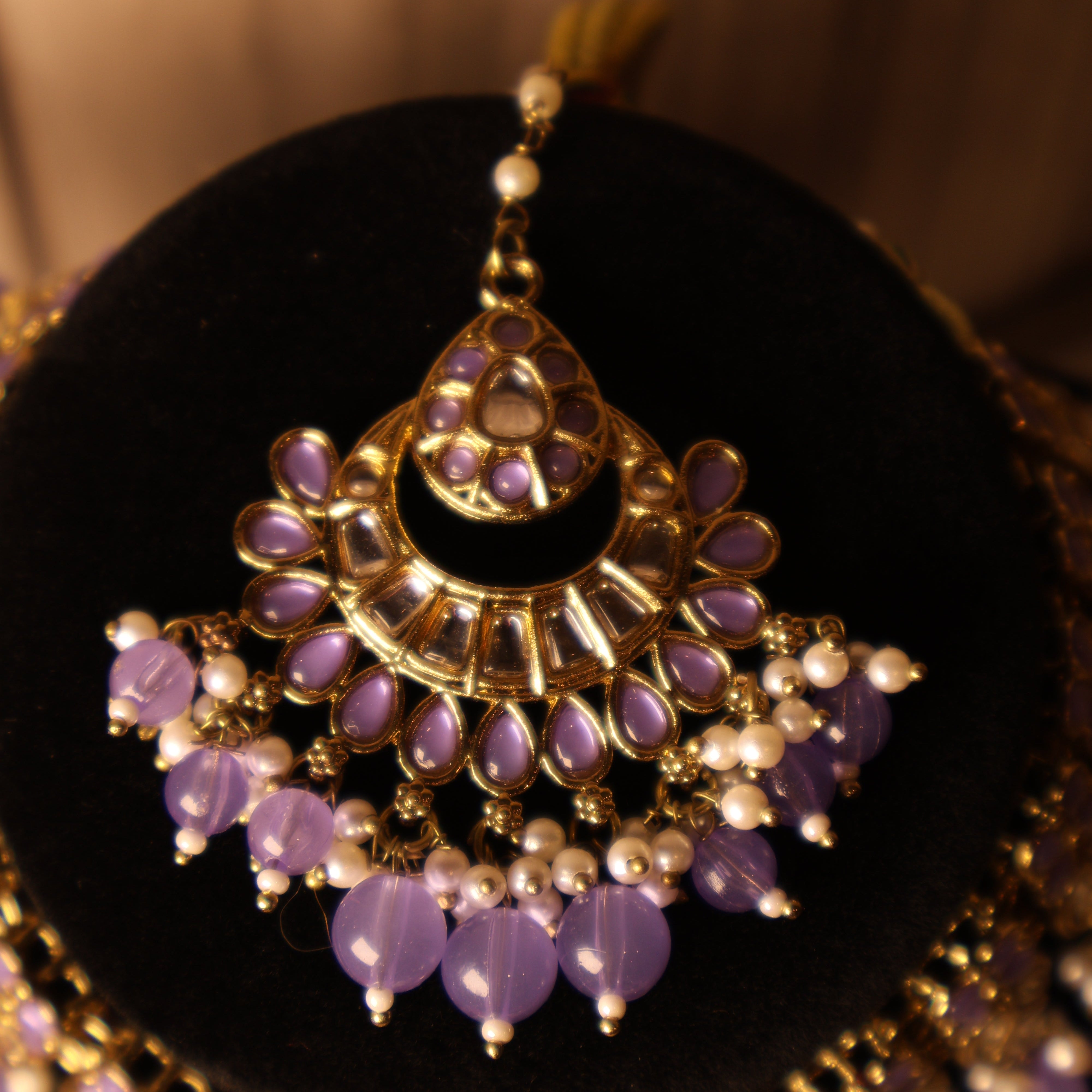 SUMBAL lilac and gold kundan-style bridal choker with tikka and earrings