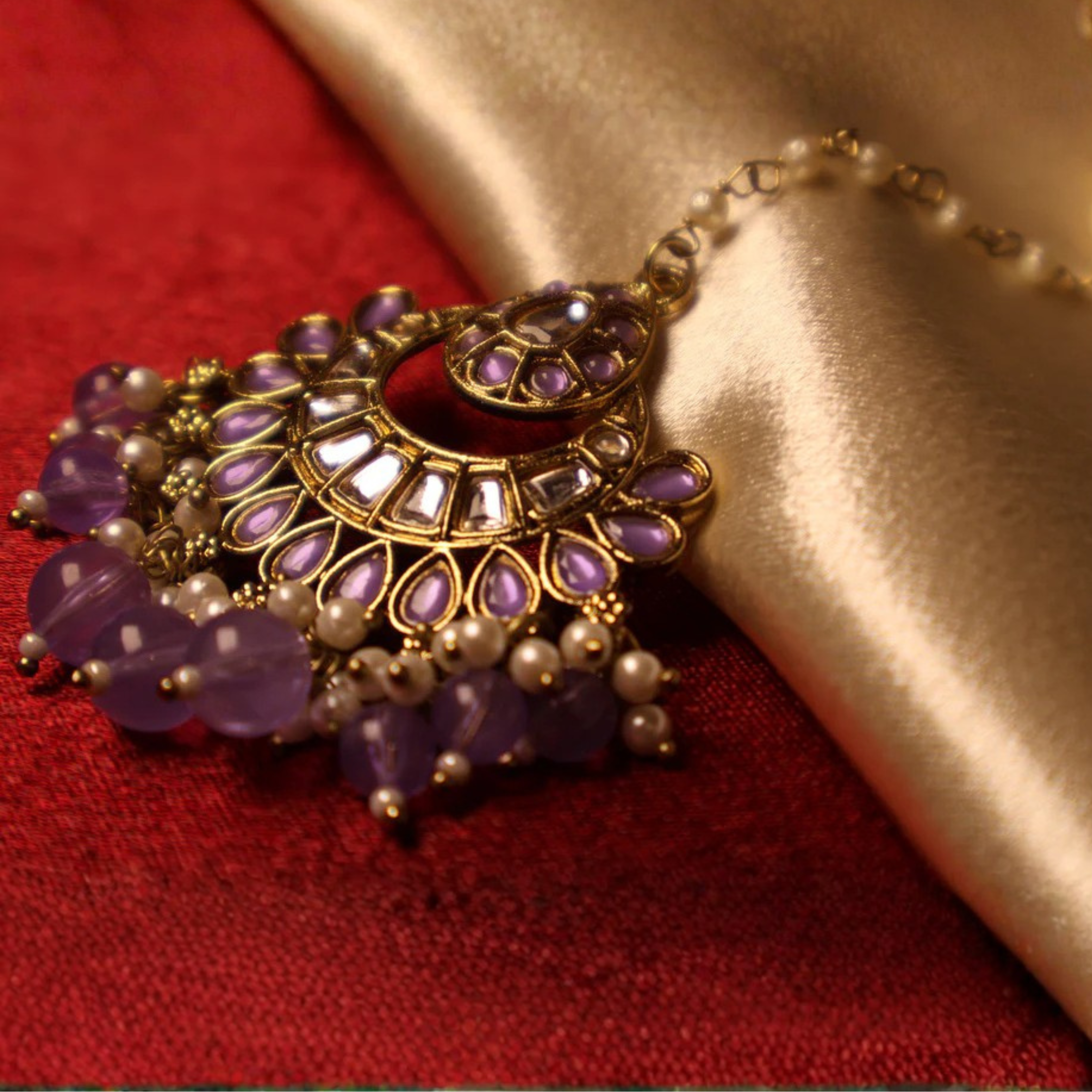 SUMBAL lilac and gold kundan-style bridal choker with tikka and earrings