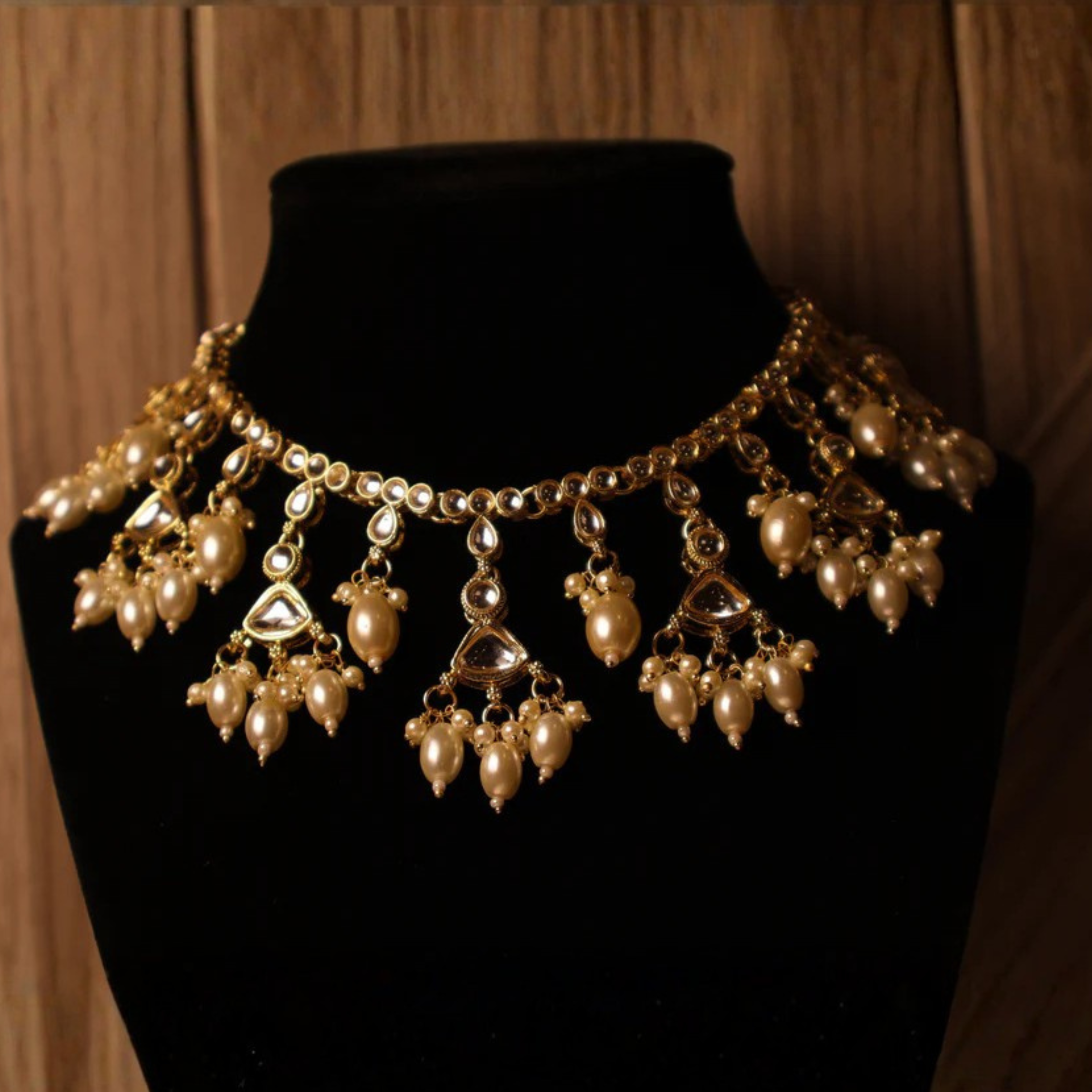 YASMEEN gold and pearl kundan-style bridal necklace set with tikka and earrings