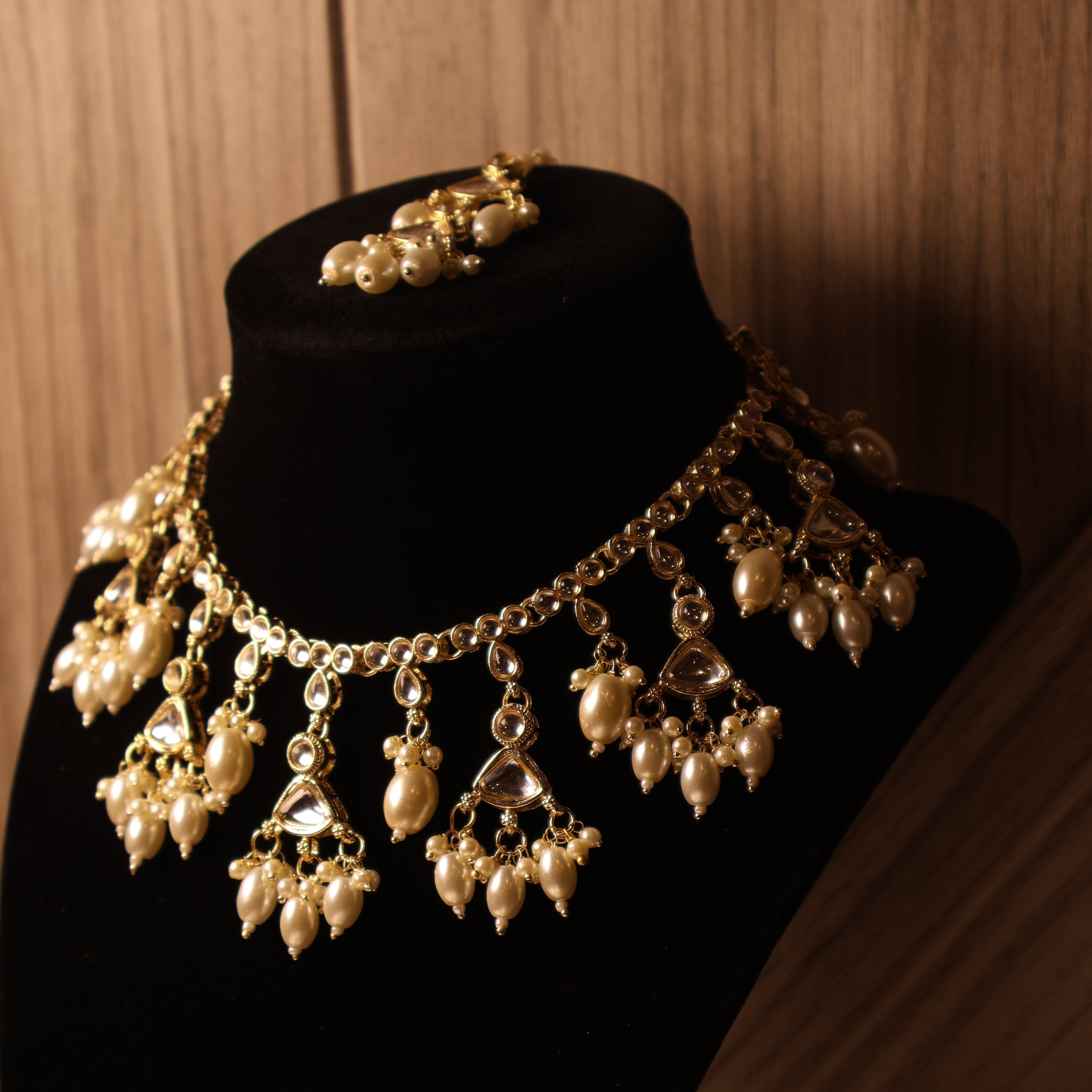 YASMEEN gold and pearl kundan-style bridal necklace set with tikka and earrings