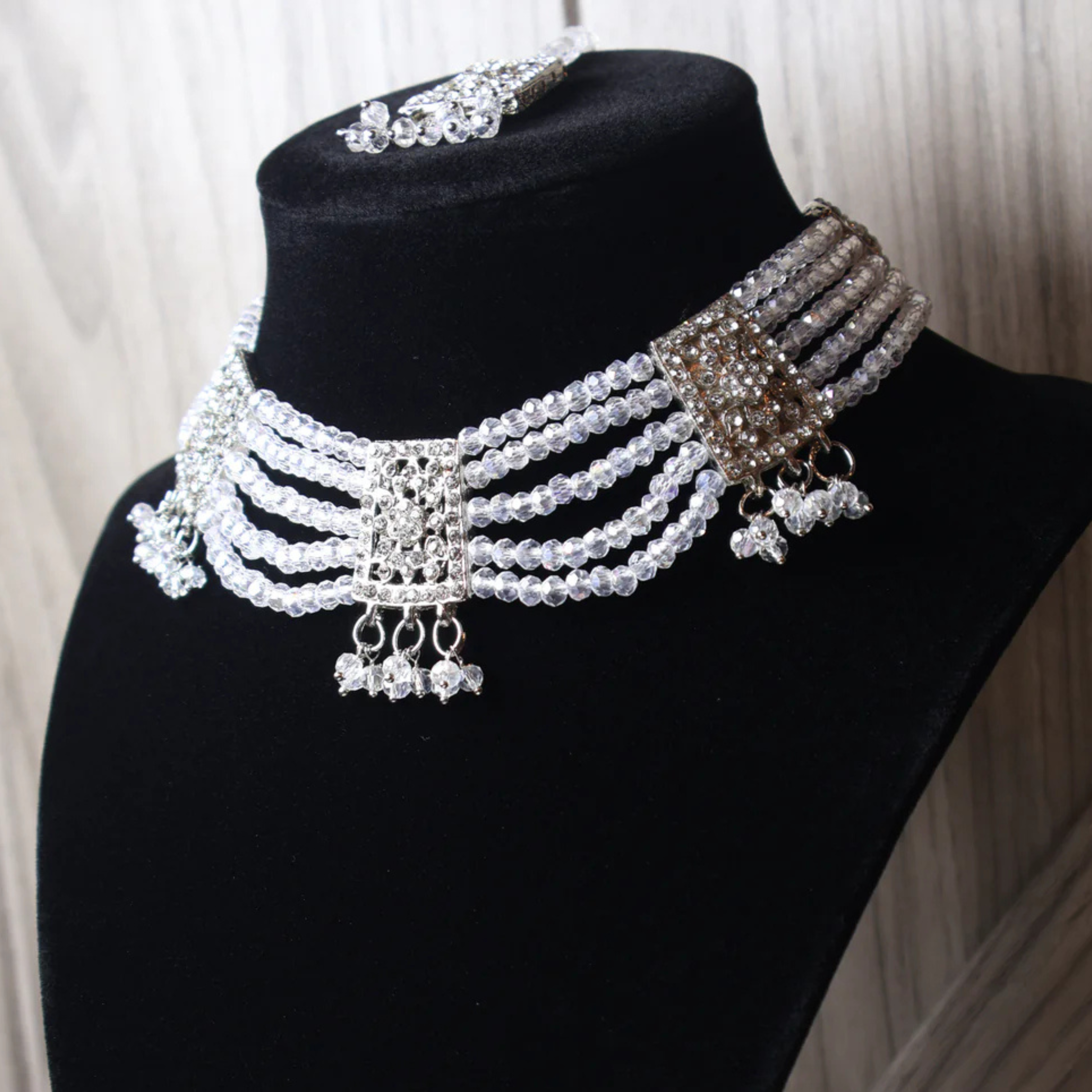 ALMAS silver-tone crystal kundan-style choker set with tikka and earrings