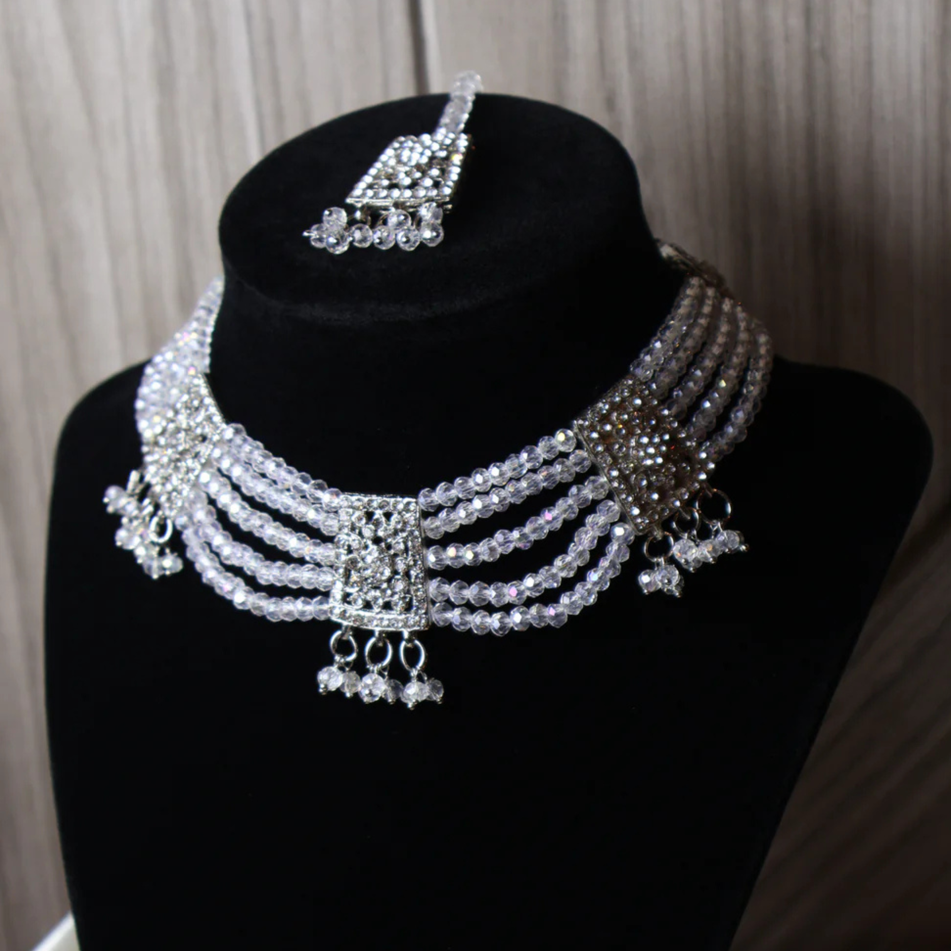 ALMAS silver-tone crystal kundan-style choker set with tikka and earrings