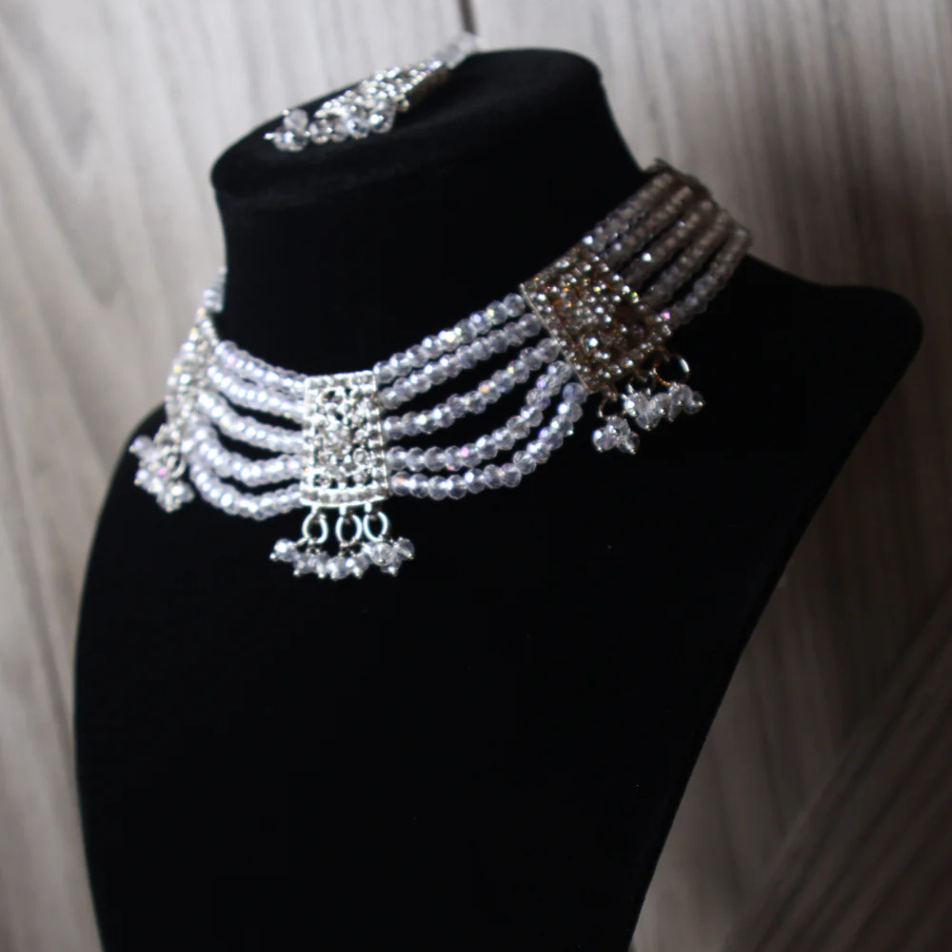 ALMAS silver-tone crystal kundan-style choker set with tikka and earrings
